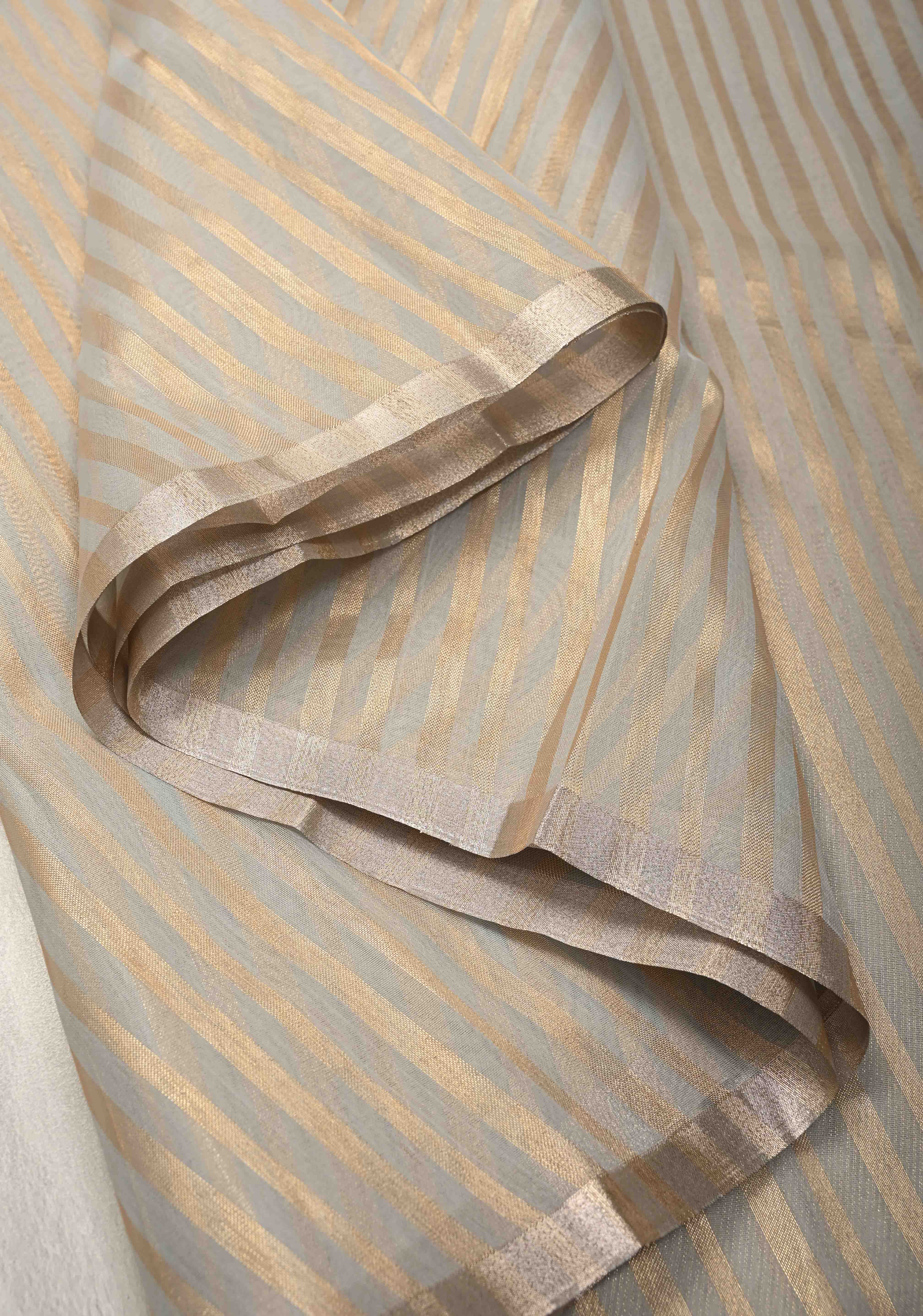 Grey Semi Kora Saree with Tissue Stripes and Minimal Zari Border | Shobitam - Image 6
