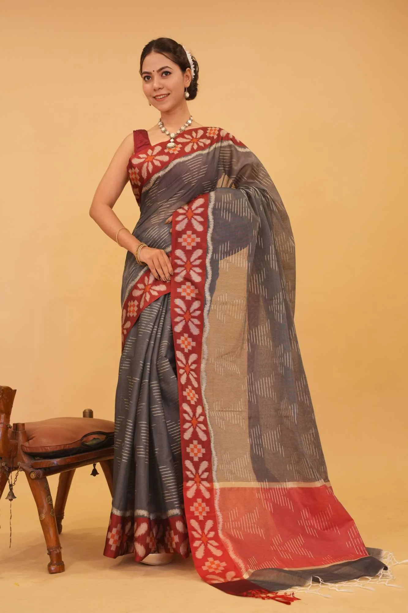 Grey With Thread Weave & Red Contrast Floral Border  Wrap In One Minute saree