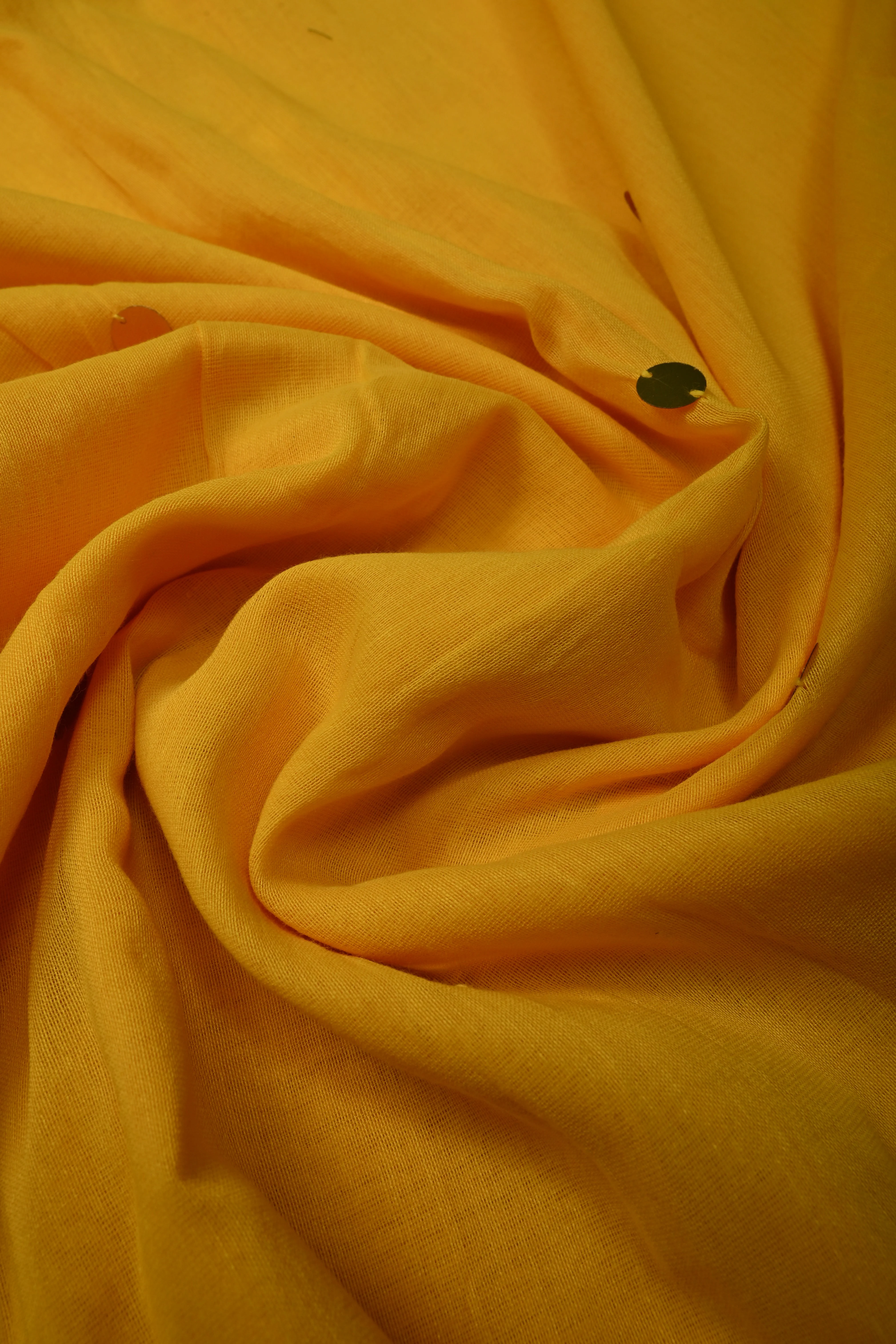 Haldi Yellow Mercerized Mul Cotton Saree with Tikki Work and Long Tassels, No Blouse Piece | Shobitam - Image 3