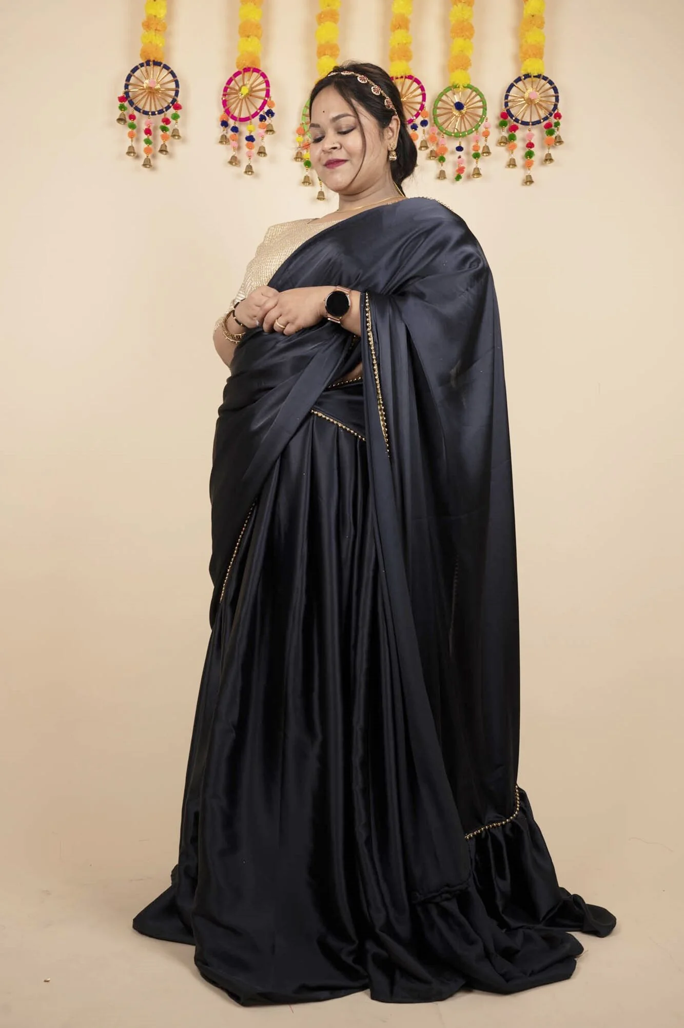 HALF SAREE TWIST - Ruffled Satin Dupatta with golden moti lace half saree - Image 3