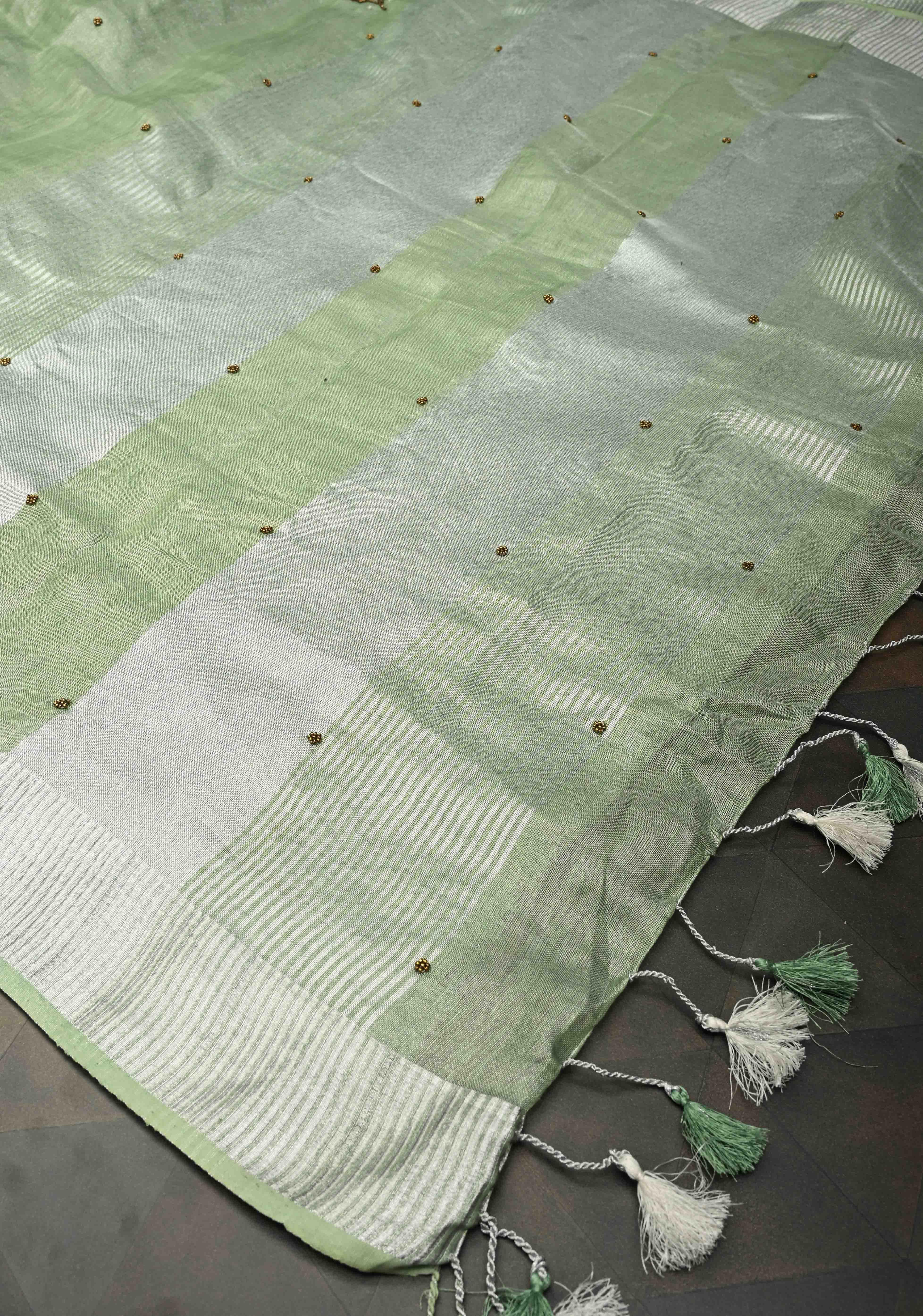 Hand Beadwork and Embroidery on Tissue Linen Saree in Sage Green and silver | Shobitam - Image 11