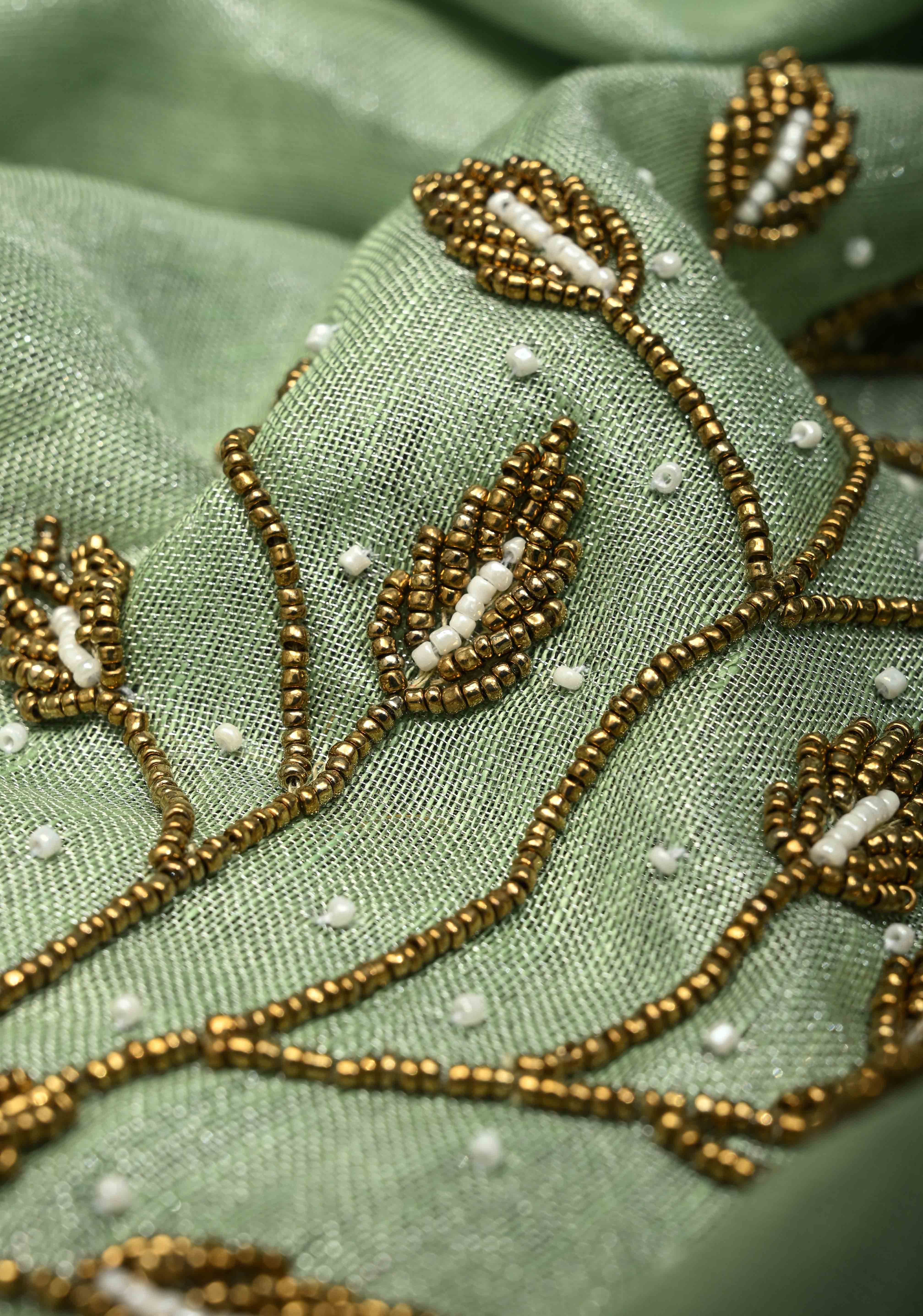 Hand Beadwork and Embroidery on Tissue Linen Saree in Sage Green and silver | Shobitam - Image 3