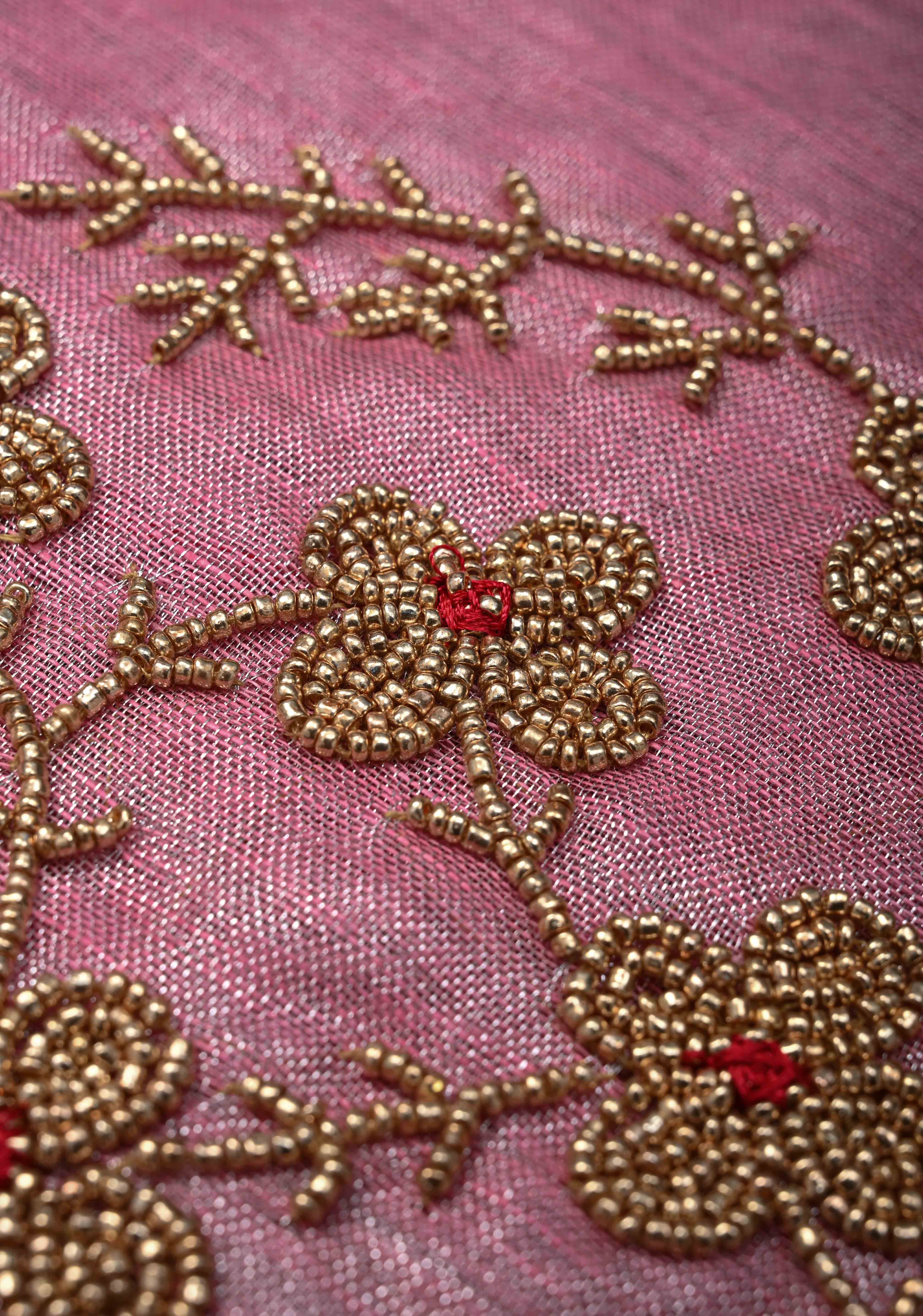 Pink Rose Tissue Linen Saree With Hand Beadwork with Silver Tissue | Shobitam - Image 13