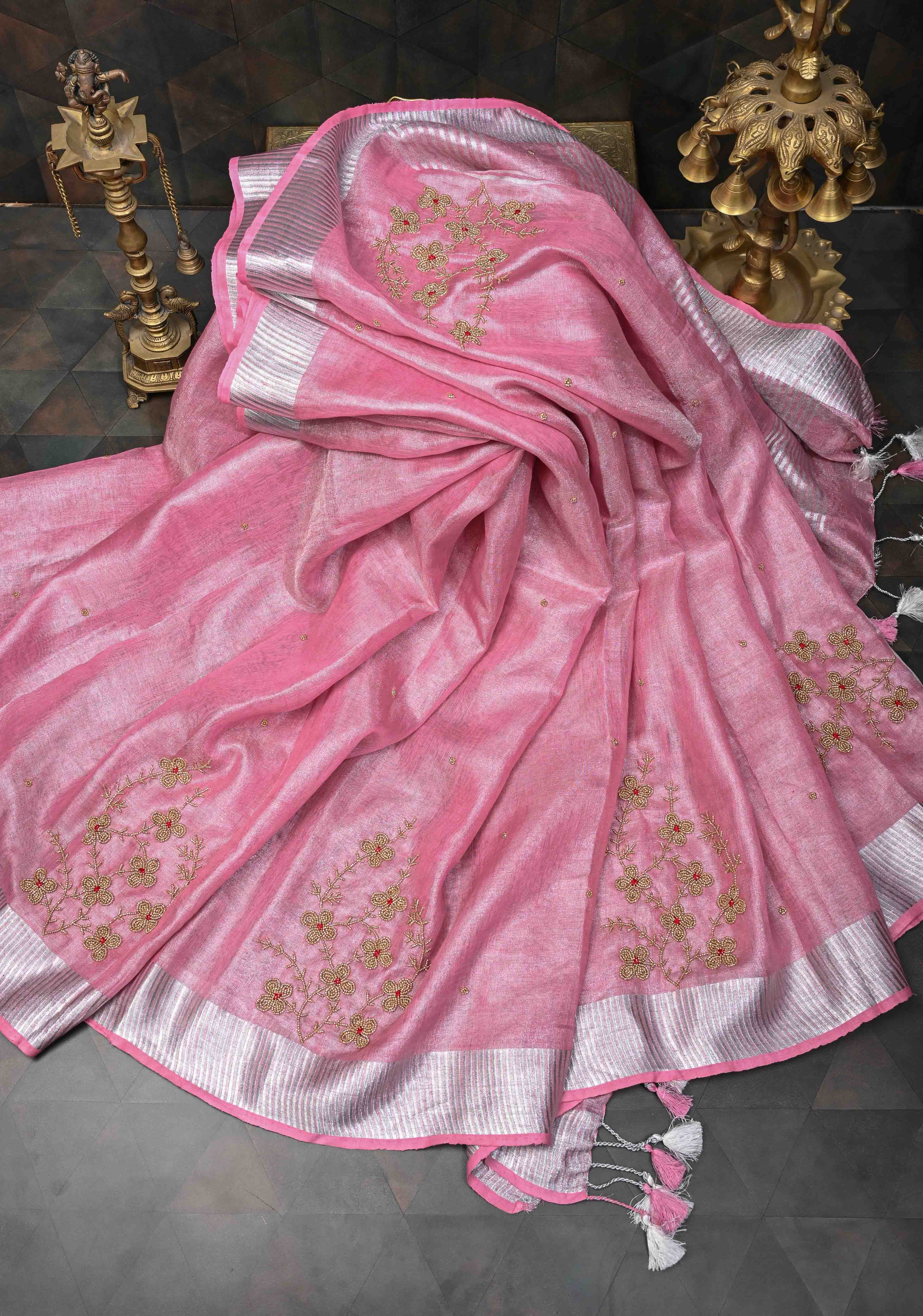 Pink Rose Tissue Linen Saree With Hand Beadwork with Silver Tissue | Shobitam - Image 5