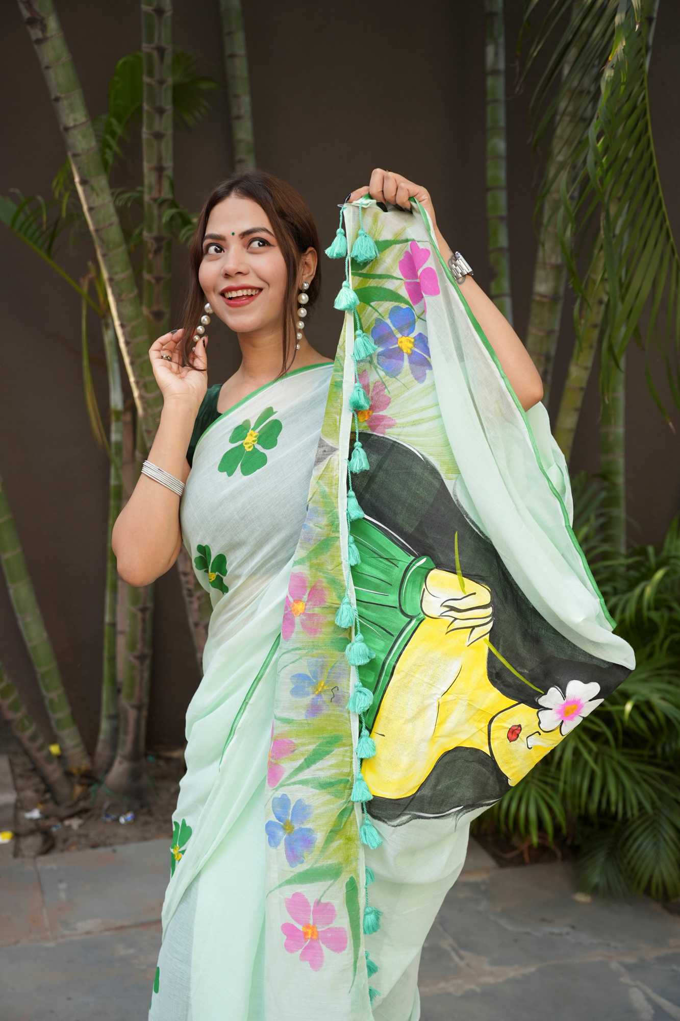 Hand-Painted Woman & Floral Mulmul Cotton Ready To Wear Saree - Image 3