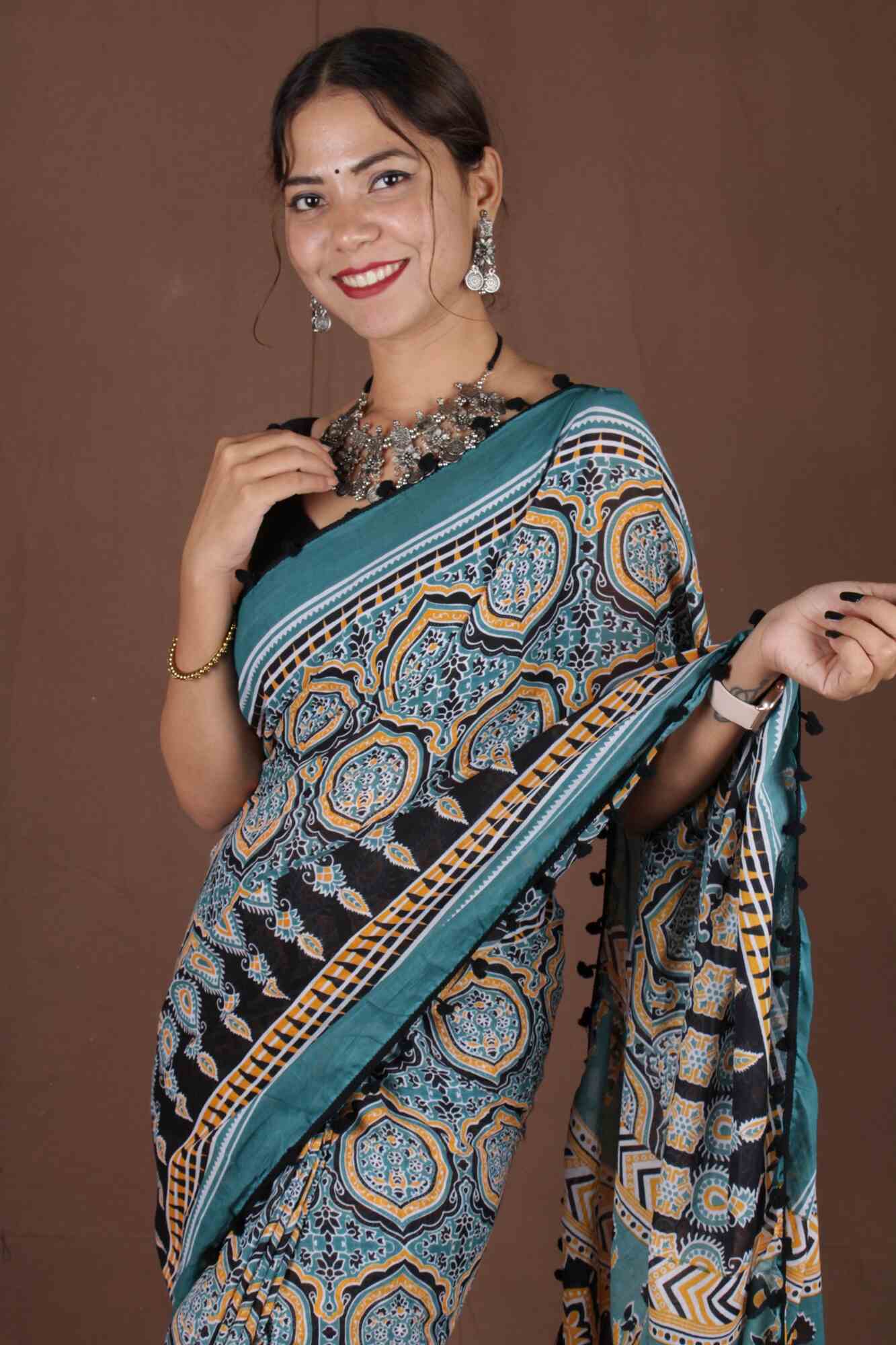Handblock cotton Wrap in 1 minute saree with Pompom Border - Image 5