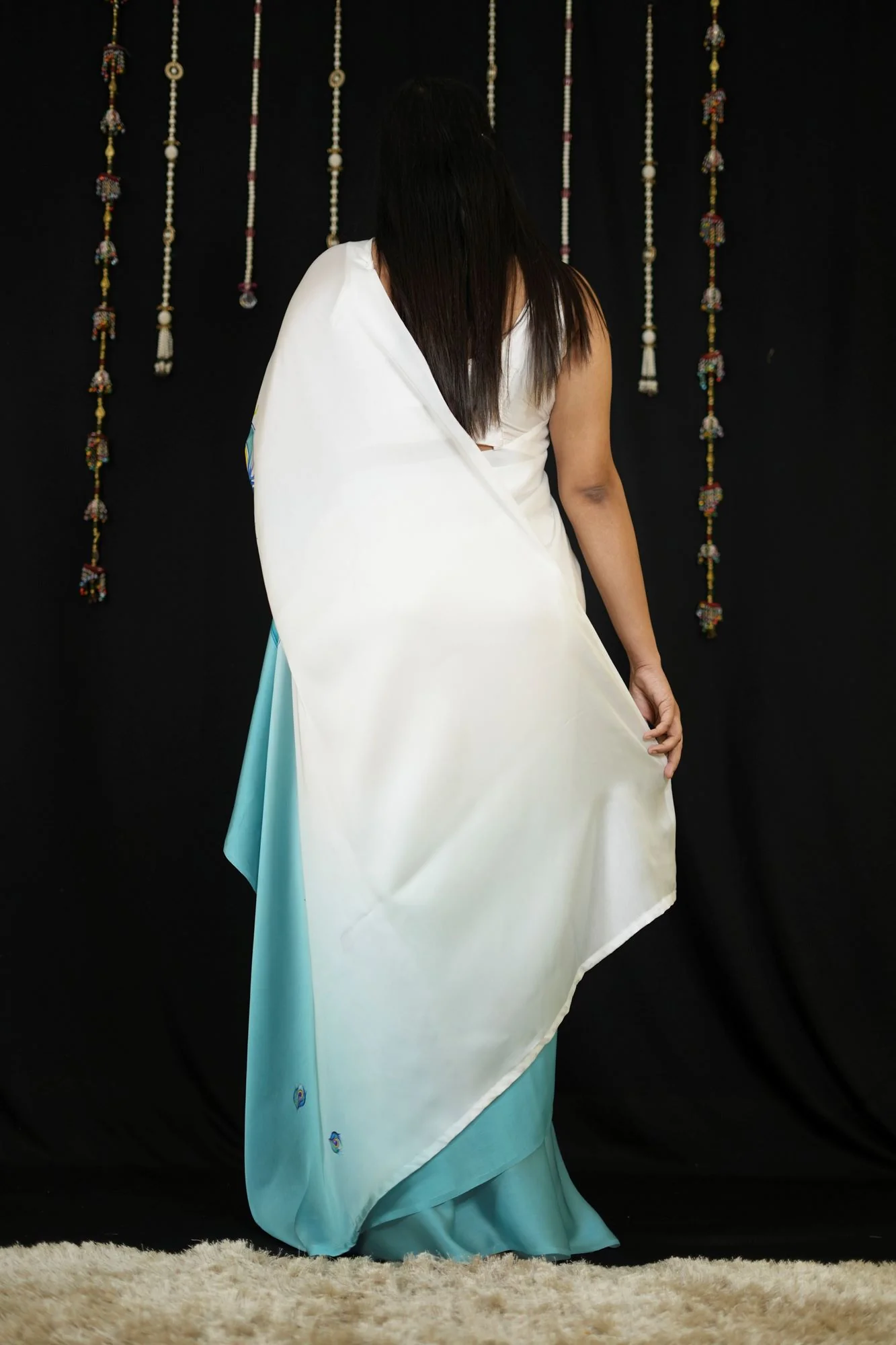 Hand free Satin with Peacock Feather Digital Print Ready To Wear Saree - Image 12