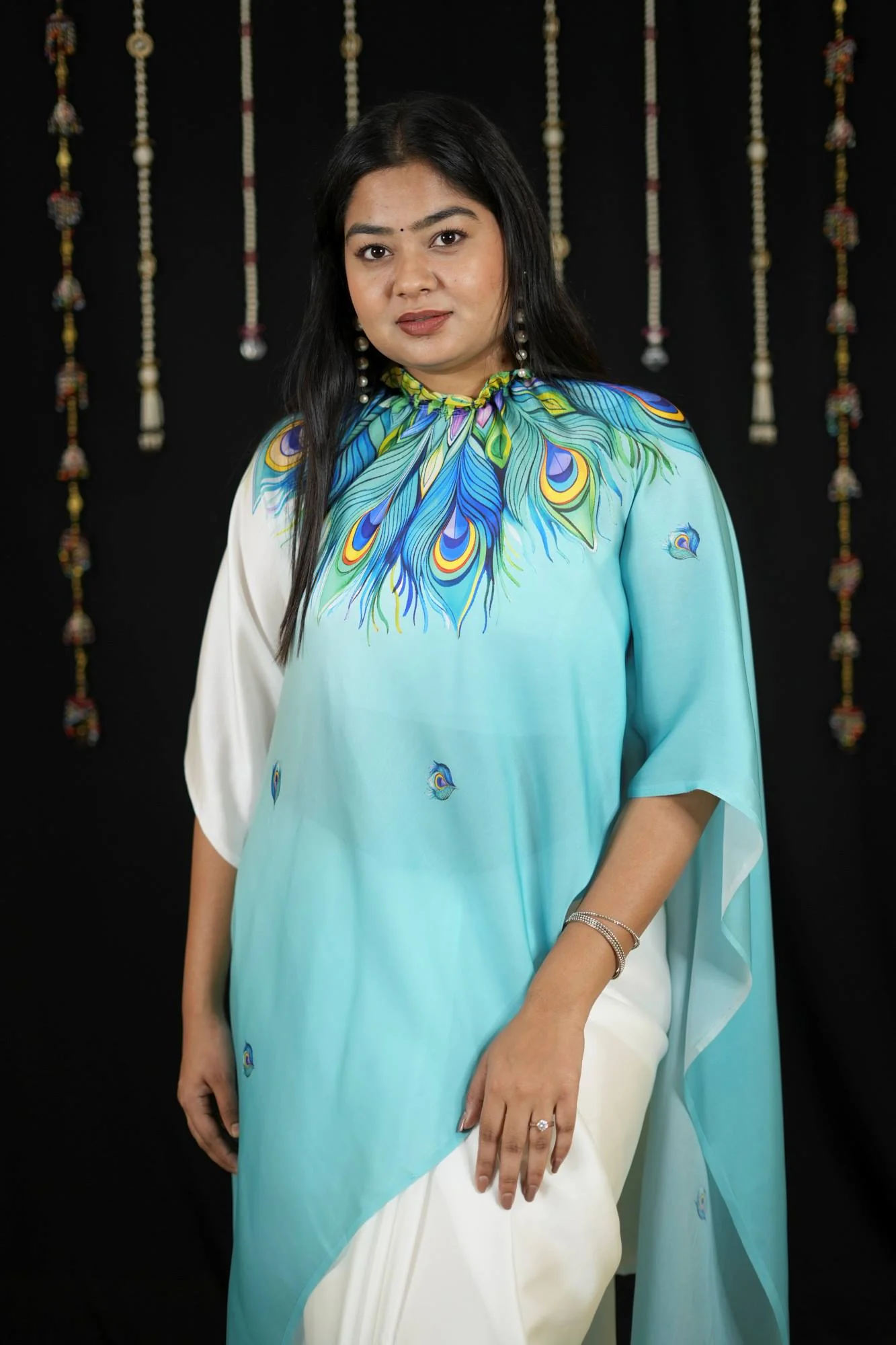 Hand free Satin with Peacock Feather Digital Print Ready To Wear Saree - Image 14