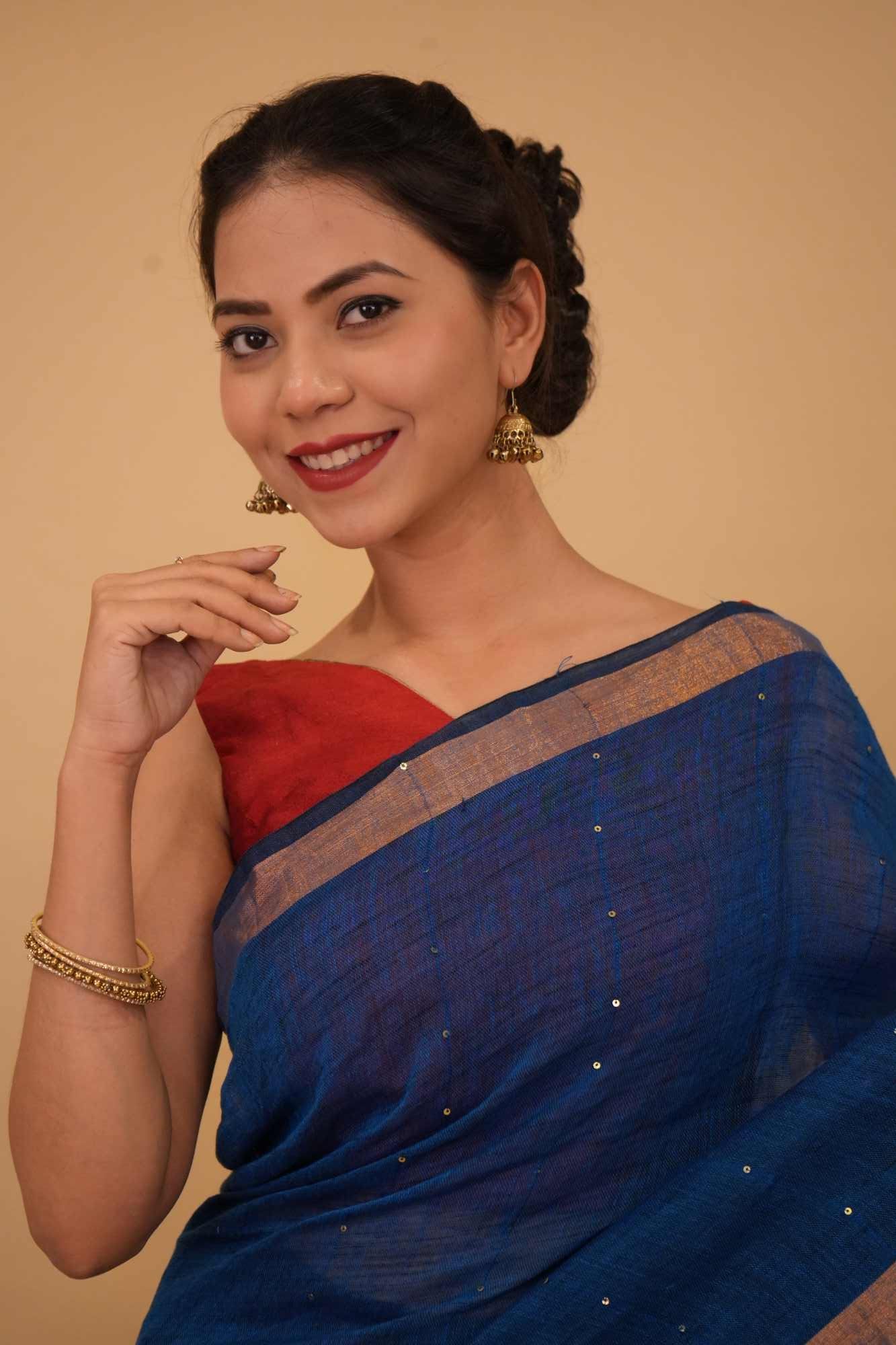 Handloom cotton linen interwoven sequins with tassels in pallu ready to wear saree - Image 6