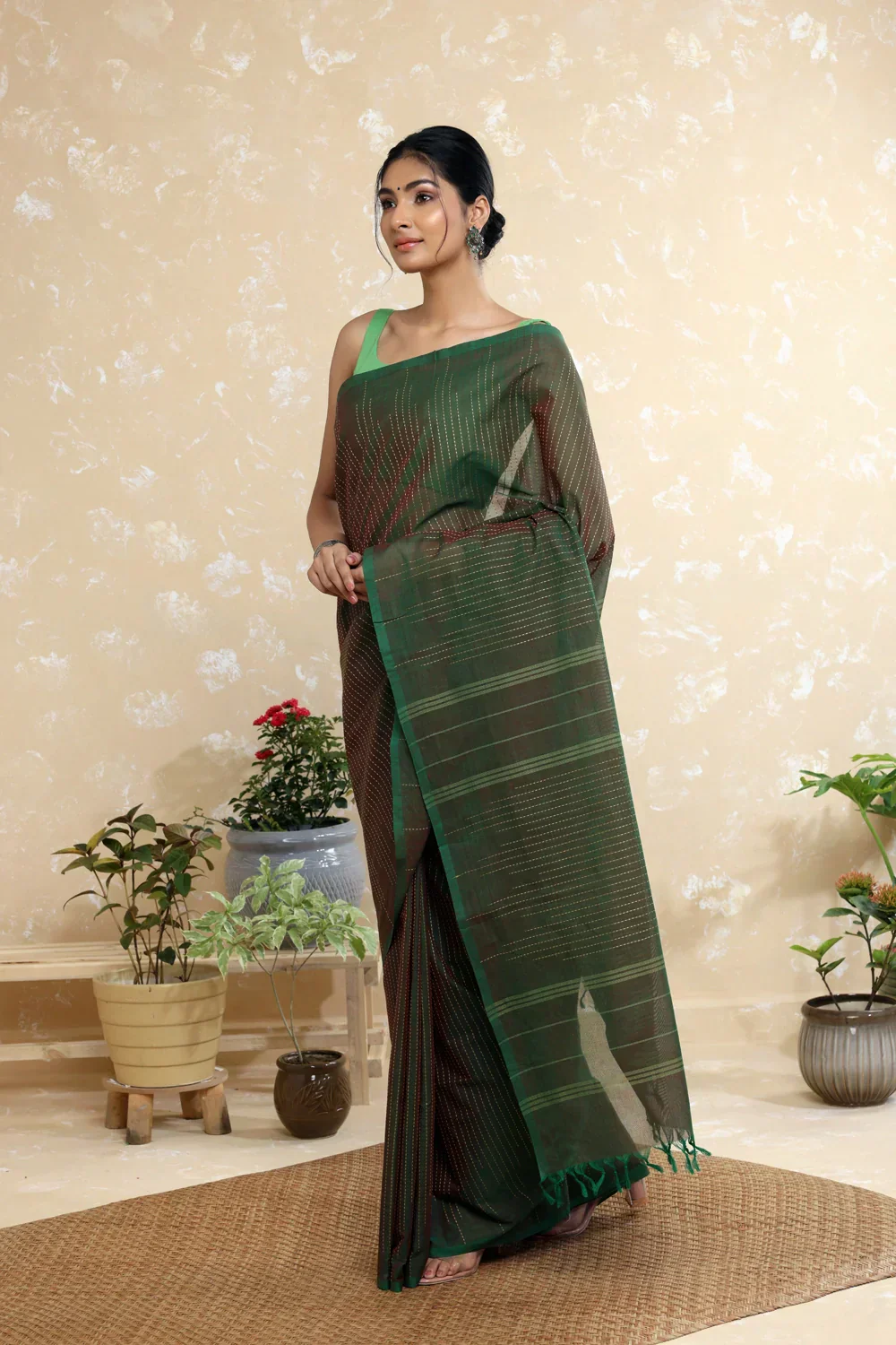 Handloom Dark Green Pure Cotton Kanchi Saree with Beige Stripes | Shobitam - Image 2