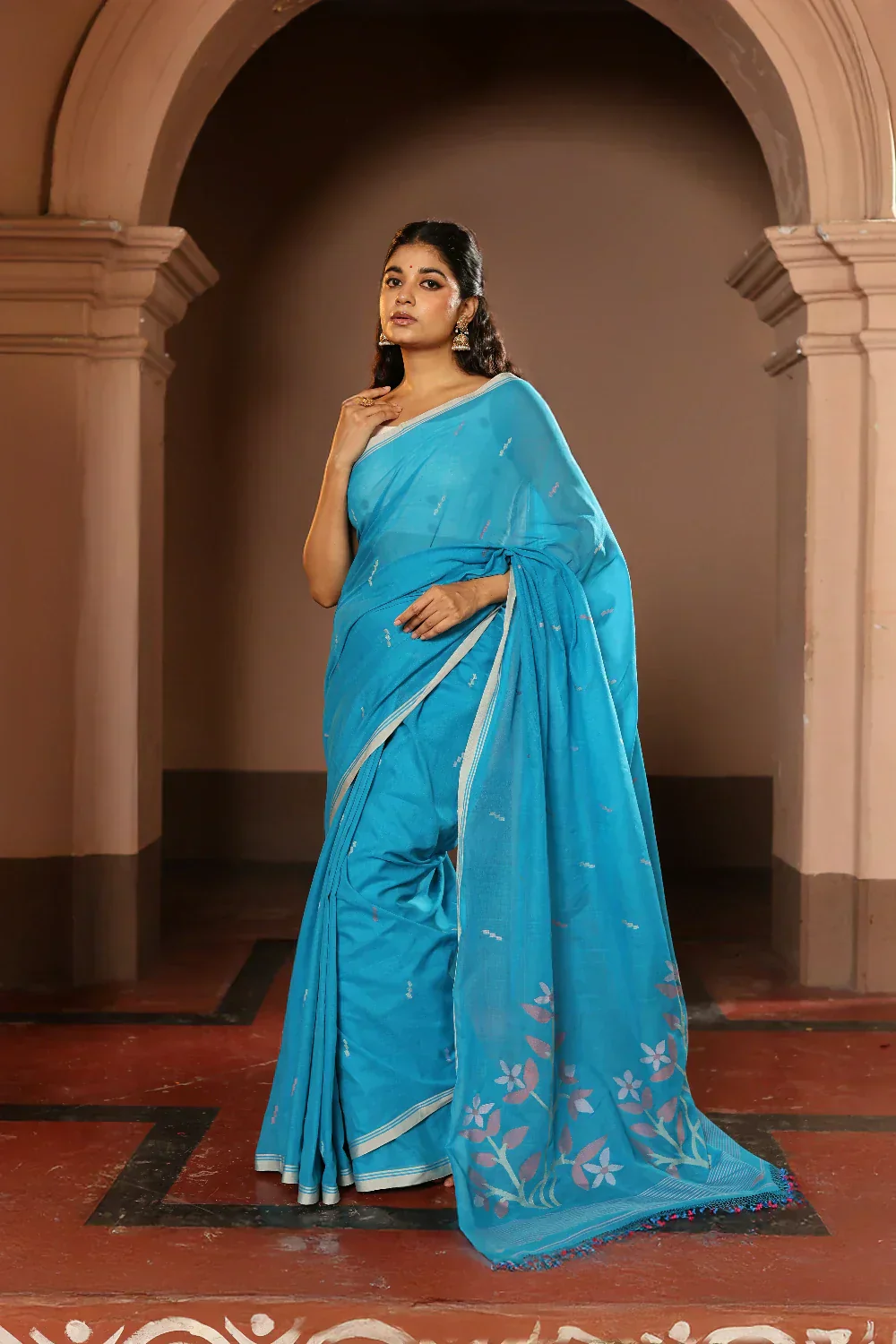 Handloom Firozi Pure Cotton Contemporary Jamdani Saree | Shobitam - Image 2