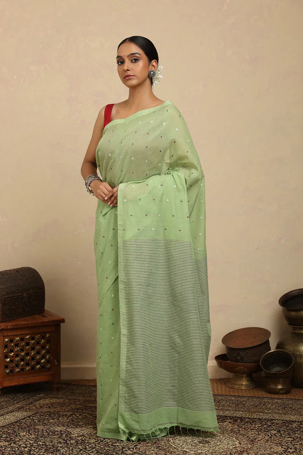 Handloom Green Polka Pure Cotton Jamdani Saree | Shobitam - Image 2