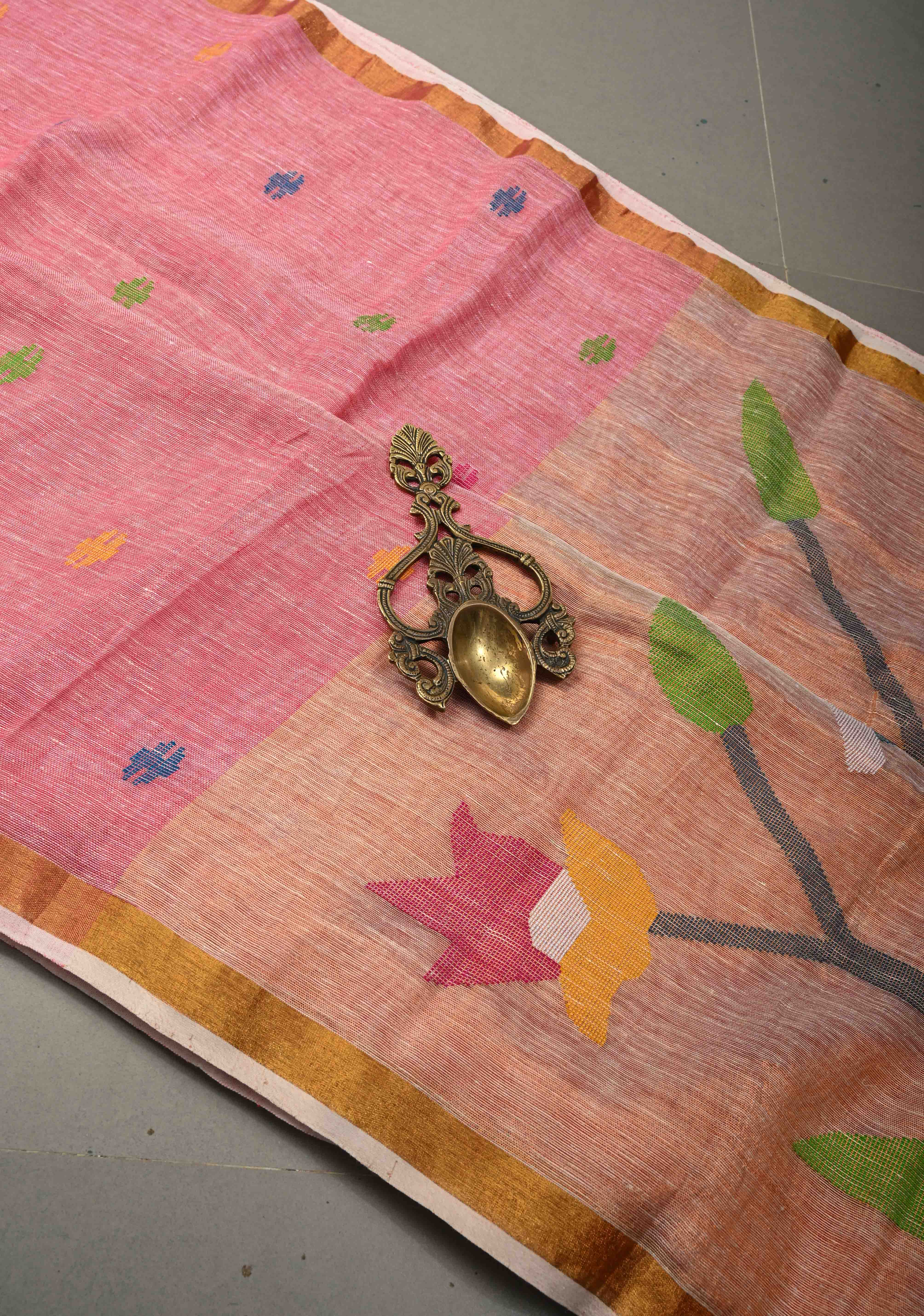 Lotus Pink Meenakari Buttas on Linen by Linen Saree with Paithani Pallu and Minimal Tissue Border | Shobitam - Image 2