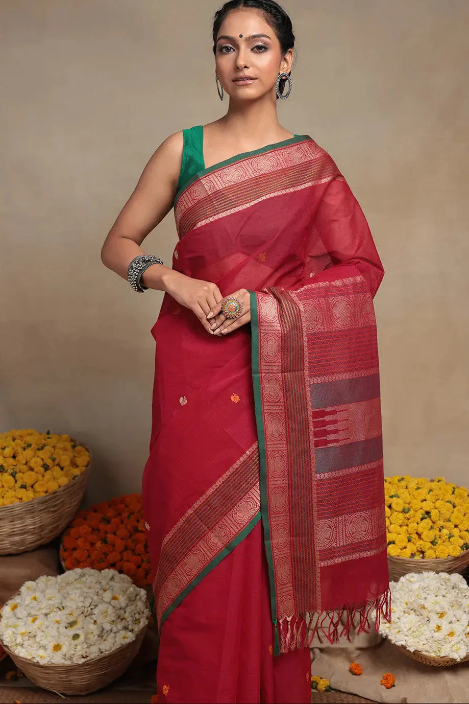 Handloom Magenta Pure Cotton Kanchi Saree | Shobitam - Image 2