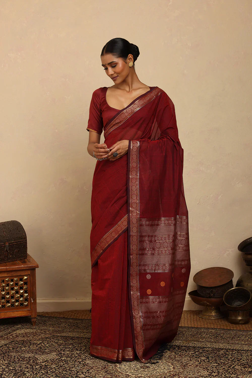 Handloom Maroon Silver Zari Motifs Kanchi Cotton Saree | Shobitam - Image 2