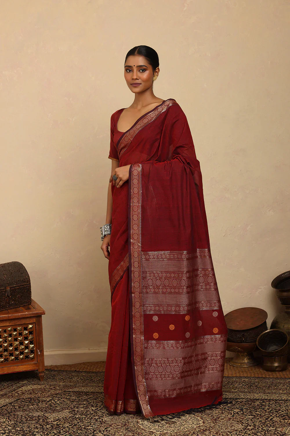 Handloom Maroon Silver Zari Motifs Kanchi Cotton Saree | Shobitam - Image 4
