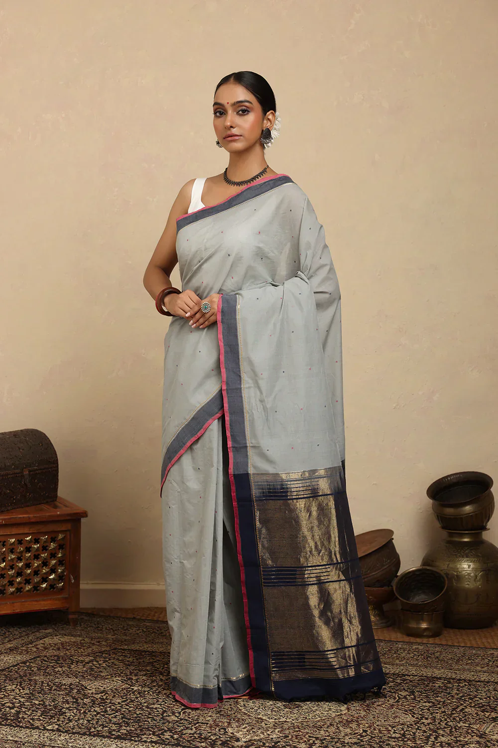 Handloom Powder Blue Gray Kanchi Cotton Saree | Shobitam - Image 4