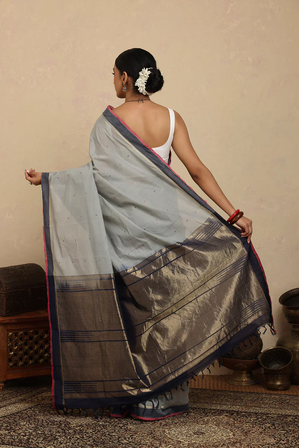 Handloom Powder Blue Gray Kanchi Cotton Saree | Shobitam - Image 5