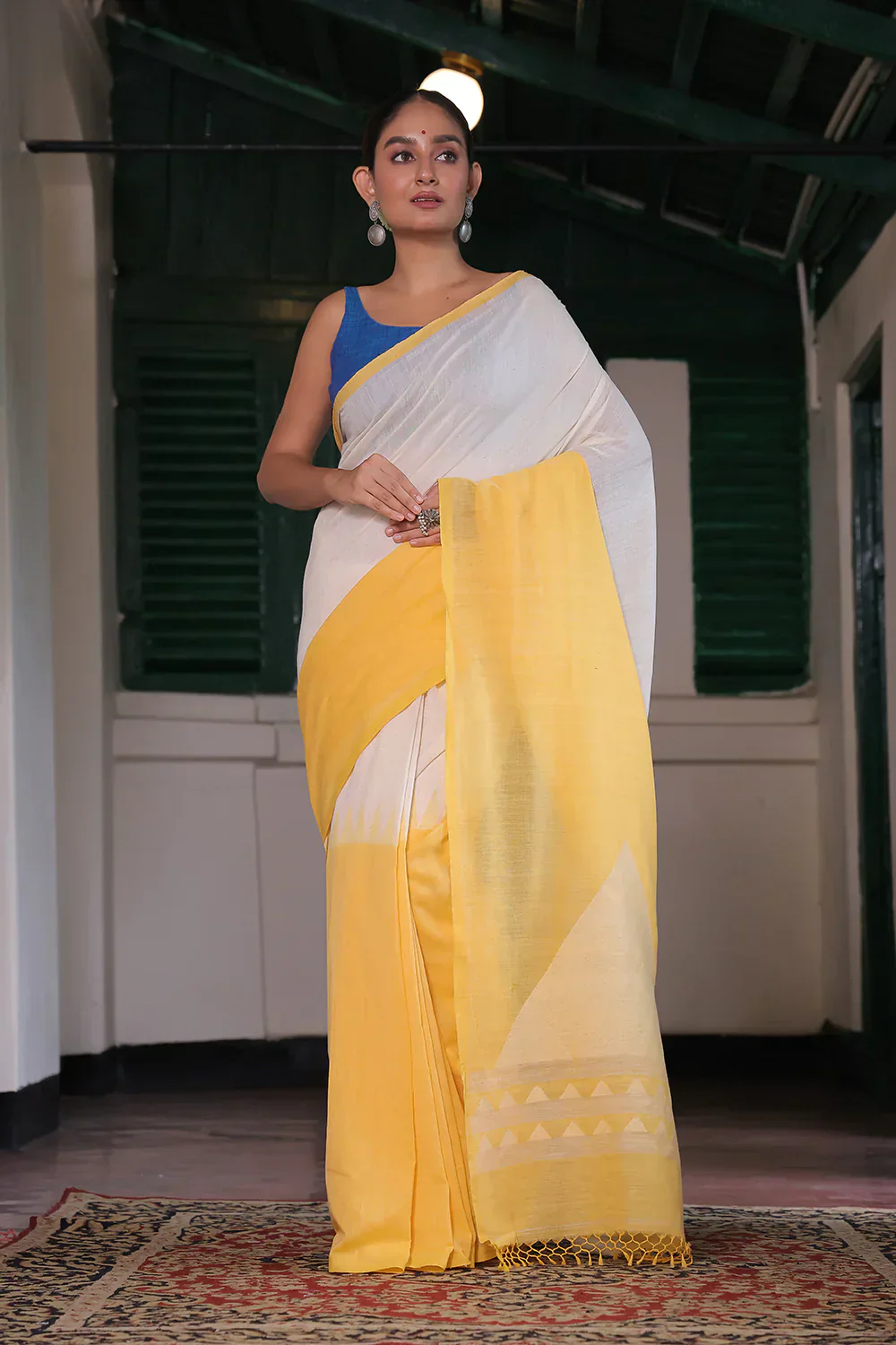 Handloom White & Yellow Soft Cotton Jamdani Saree | Shobitam - Image 3