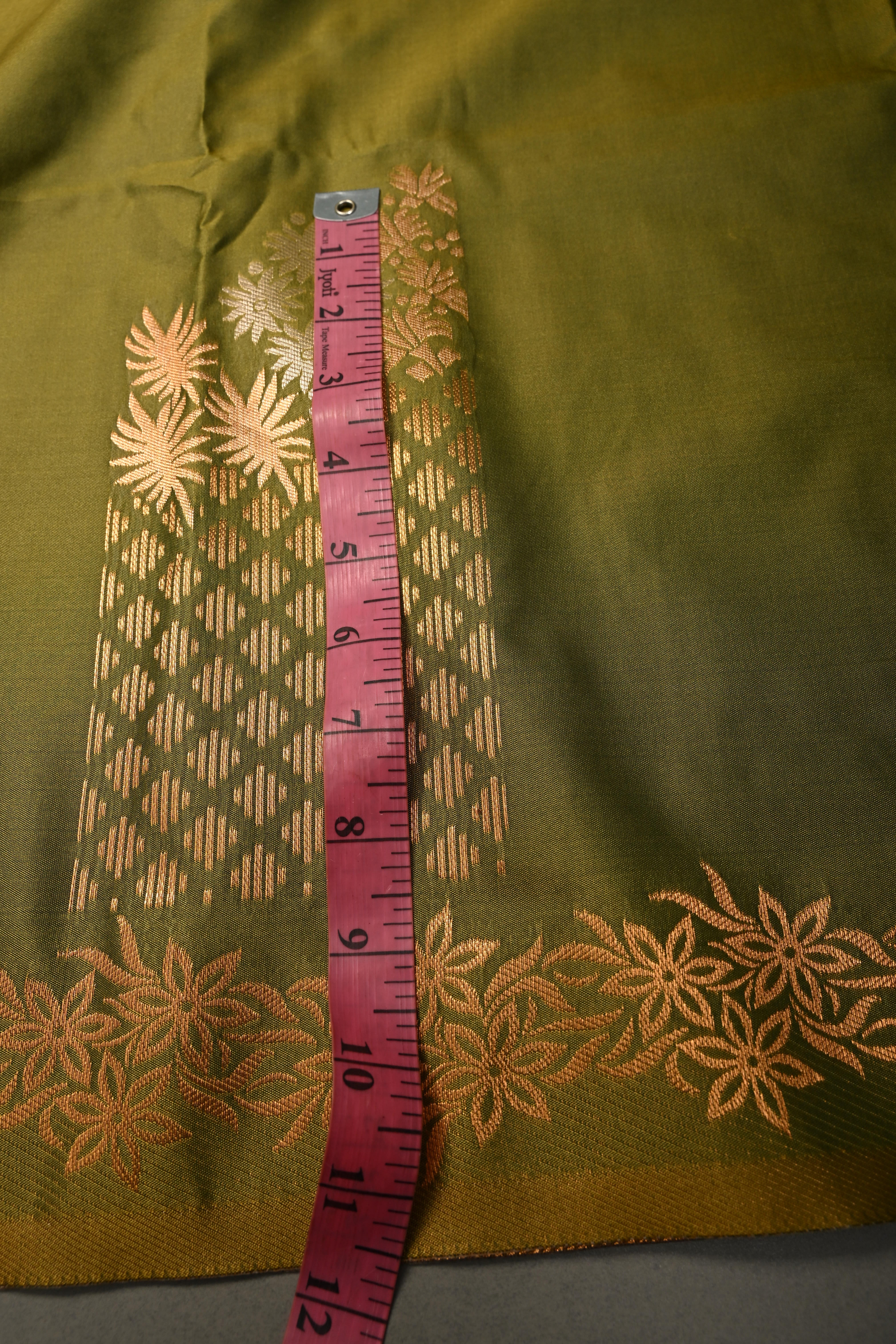 Henna Green Kanchi Semi Silk Saree with Floral Zari Buttas and Gold-Silver Motifs on Border | Shobitam - Image 6