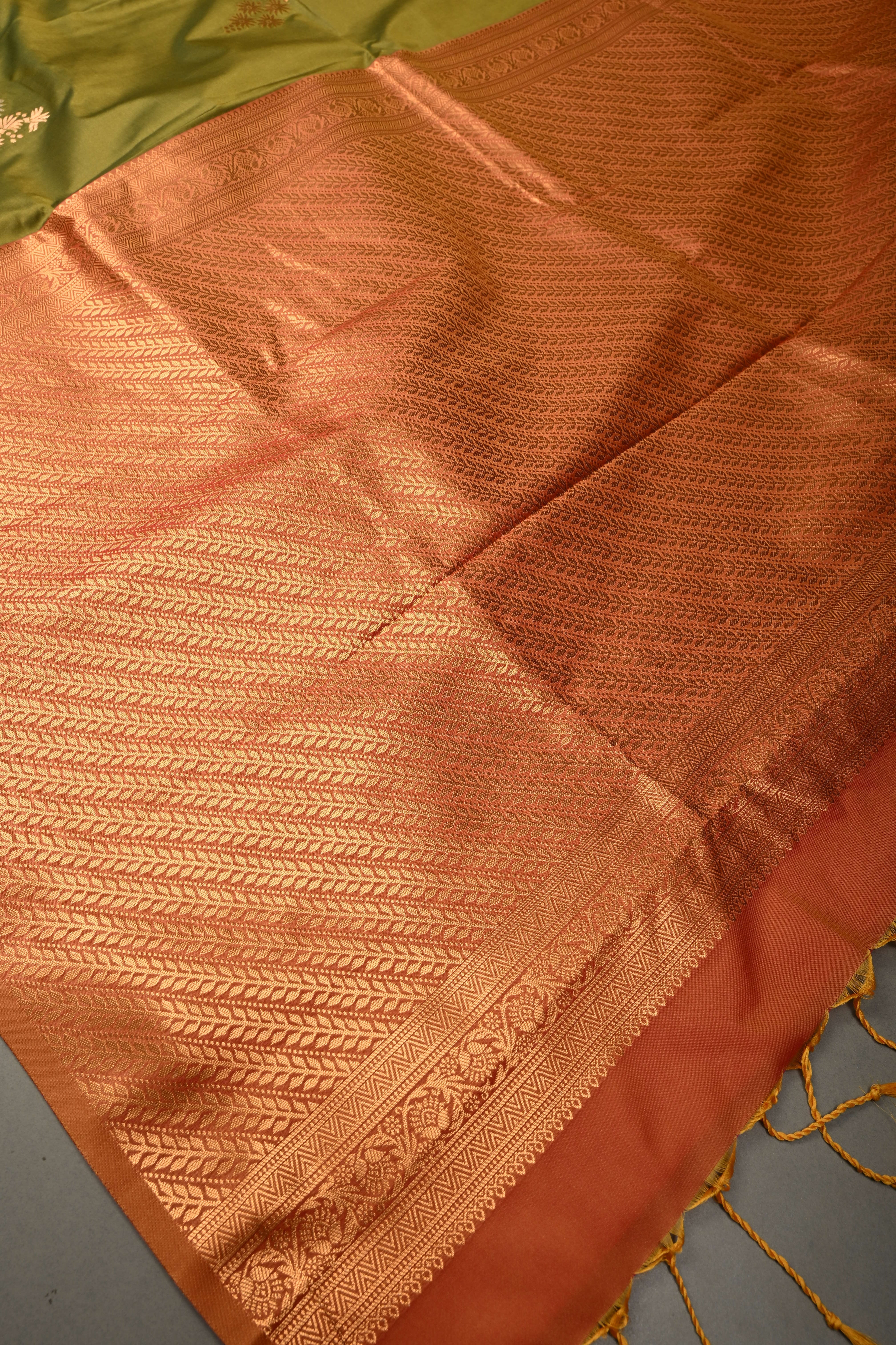 Henna Green Kanchi Semi Silk Saree with Floral Zari Buttas and Gold-Silver Motifs on Border | Shobitam - Image 8