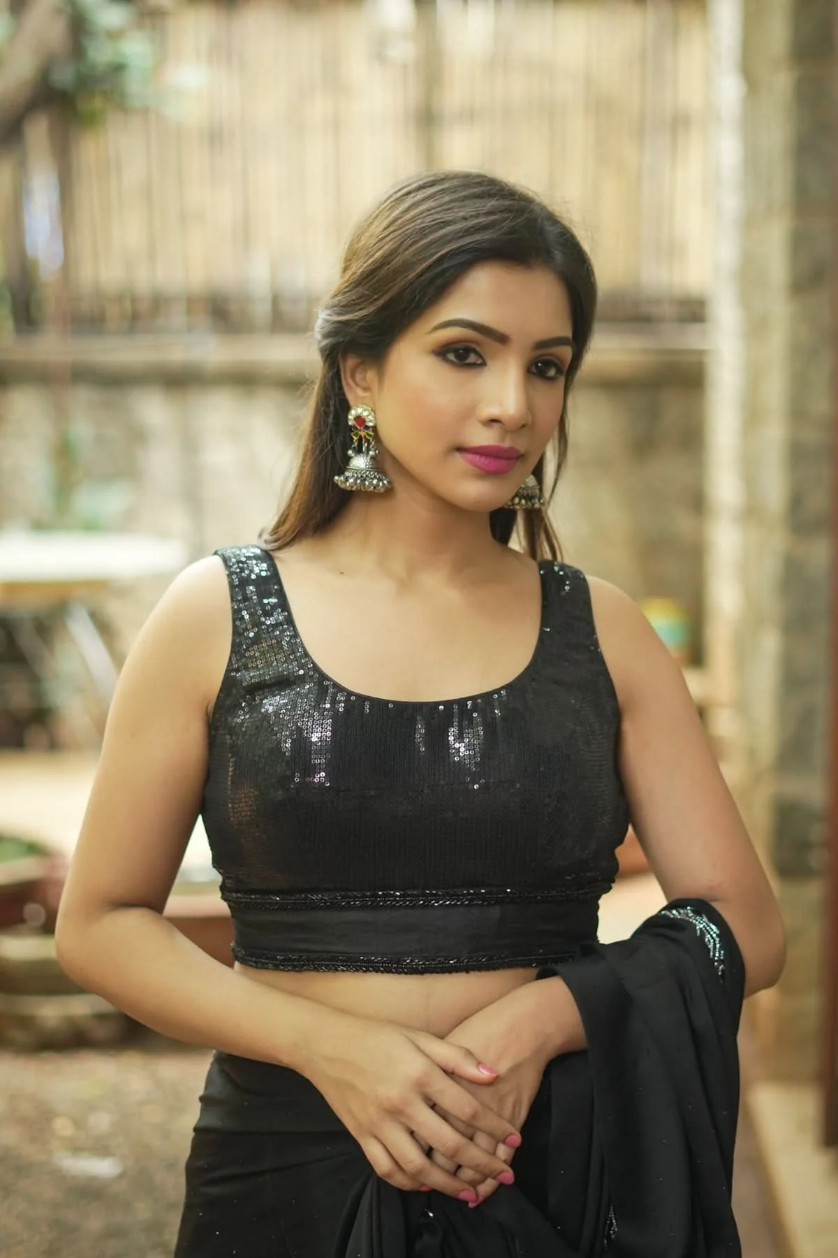 Sequin Blouse in Black with Deep Back Neck | Shobitam - Image 3