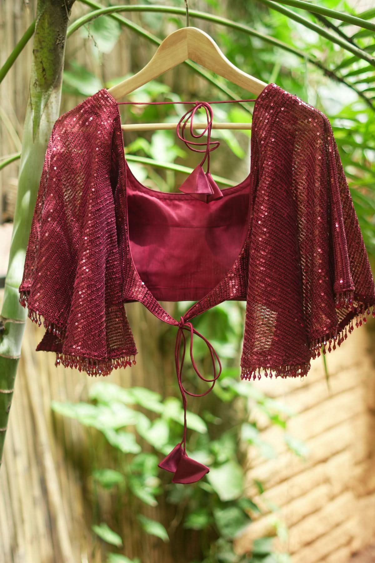 Sequin U neck blouse with Butterfly sleeves in Maroon | Shobitam - Image 10