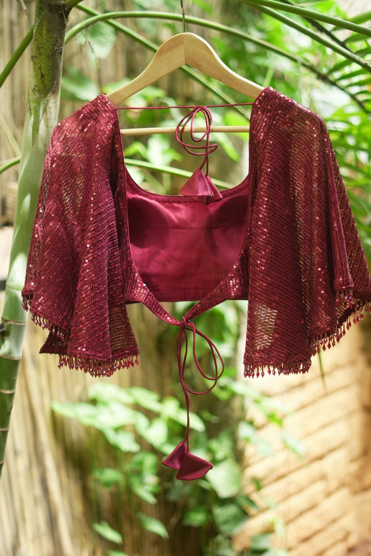 Sequin U neck blouse with Butterfly sleeves in Maroon | Shobitam - Image 11