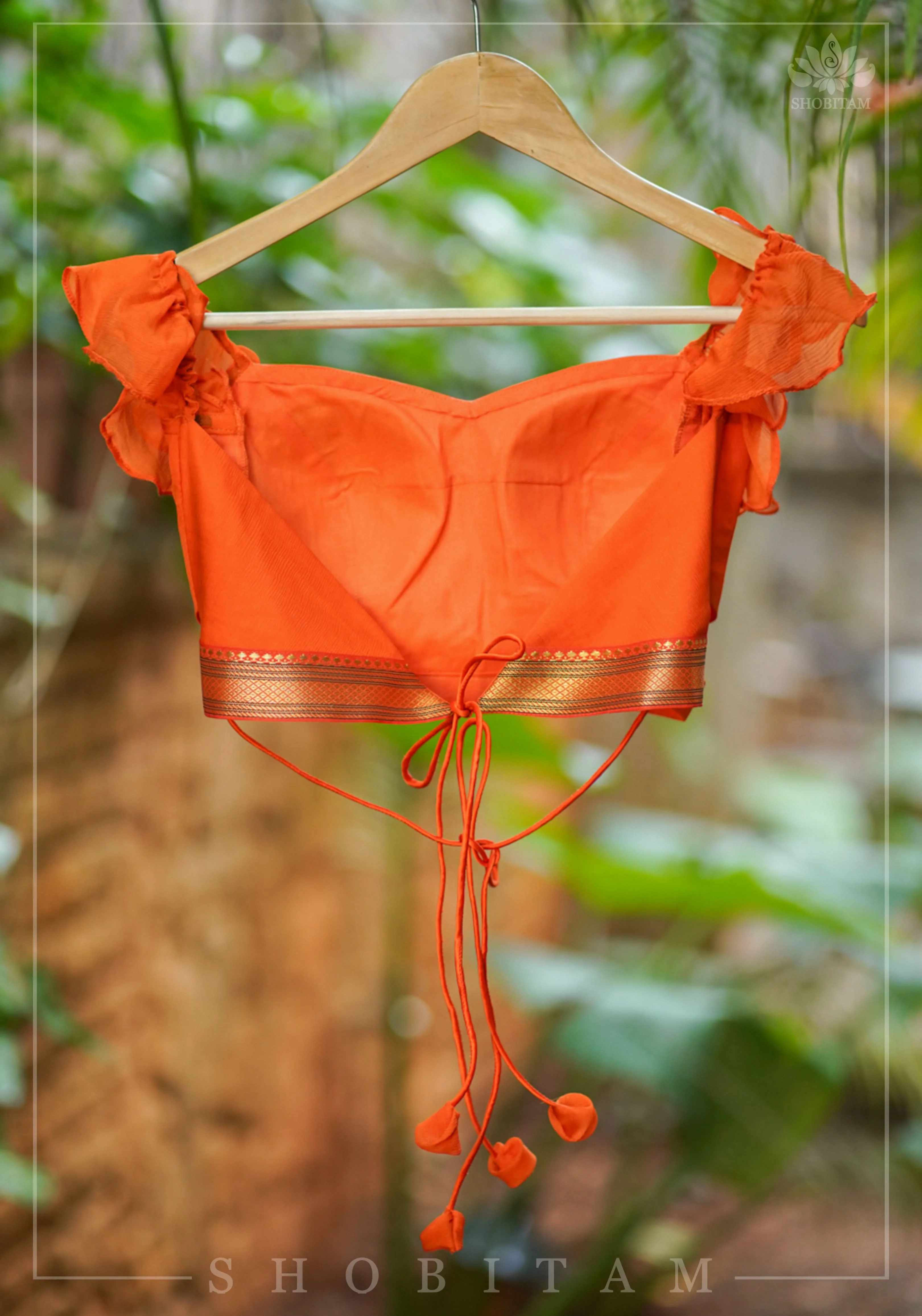 Orange chiffon sweetheart neck blouse with ruffle sleeves | Shobitam - Image 7
