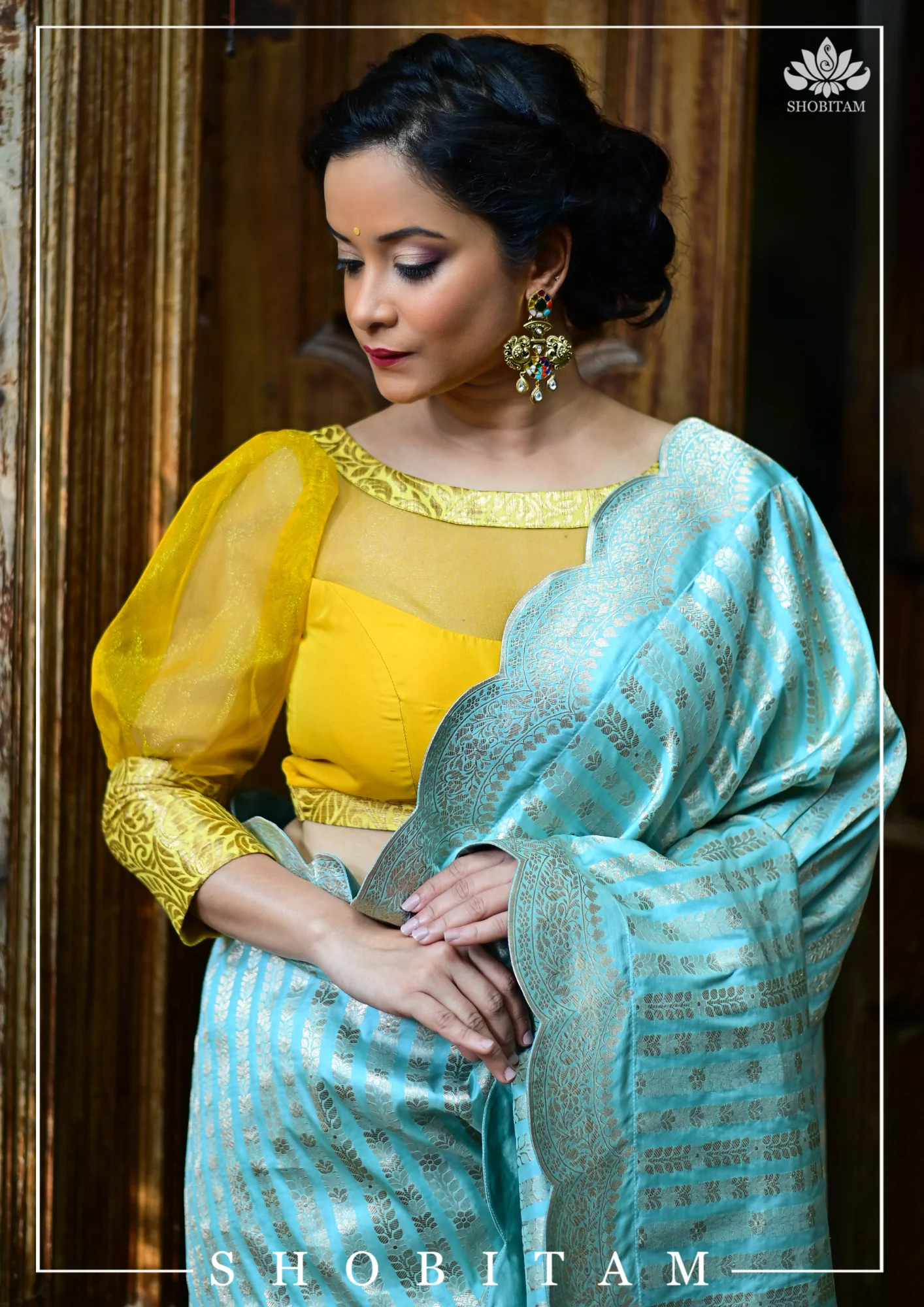 Mustard boat neck Blouse with Sheer Yoke and Puff Sleeves, Banarasi Brocade Detailing | Shobitam - Image 9