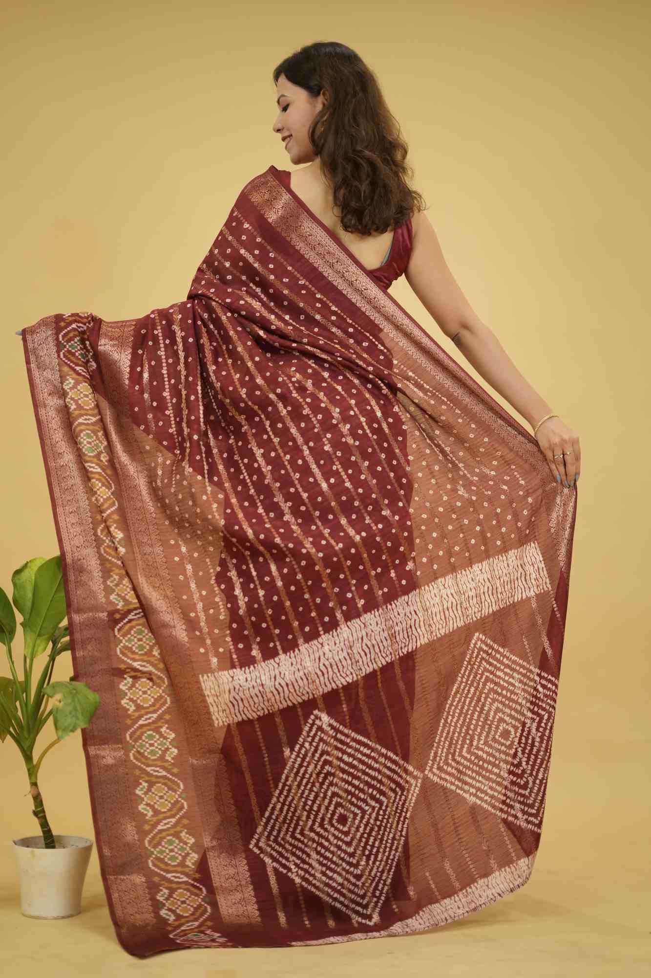 Ikat With Zari Detail Border Bandhej Overall Soft Cotton Silk Pre pleated Saree - Image 5