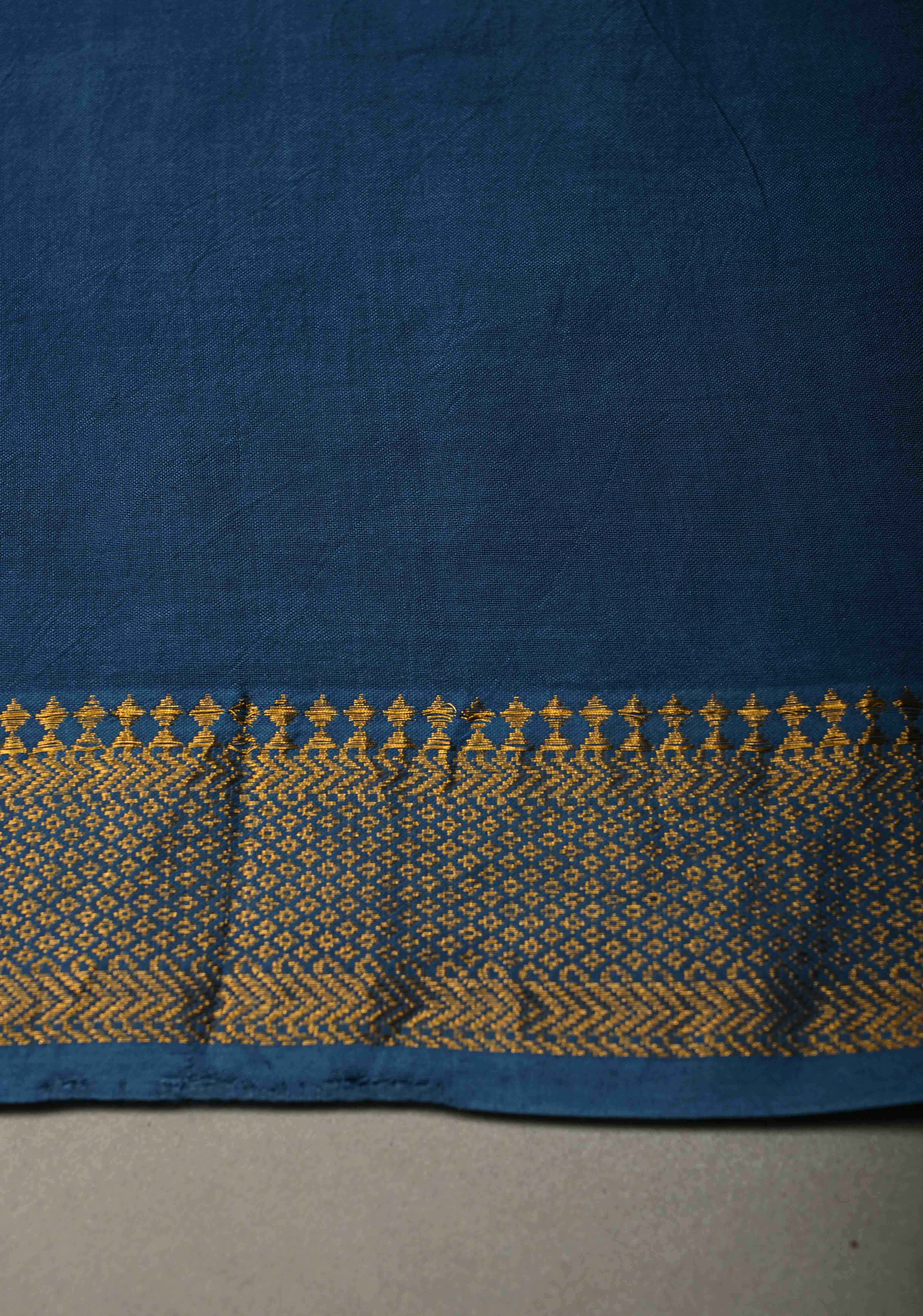 Indigo Mangalagiri Cotton Saree with Floral Bagru Hand Block Print and Nizam Zari Border | Shobitam - Image 7