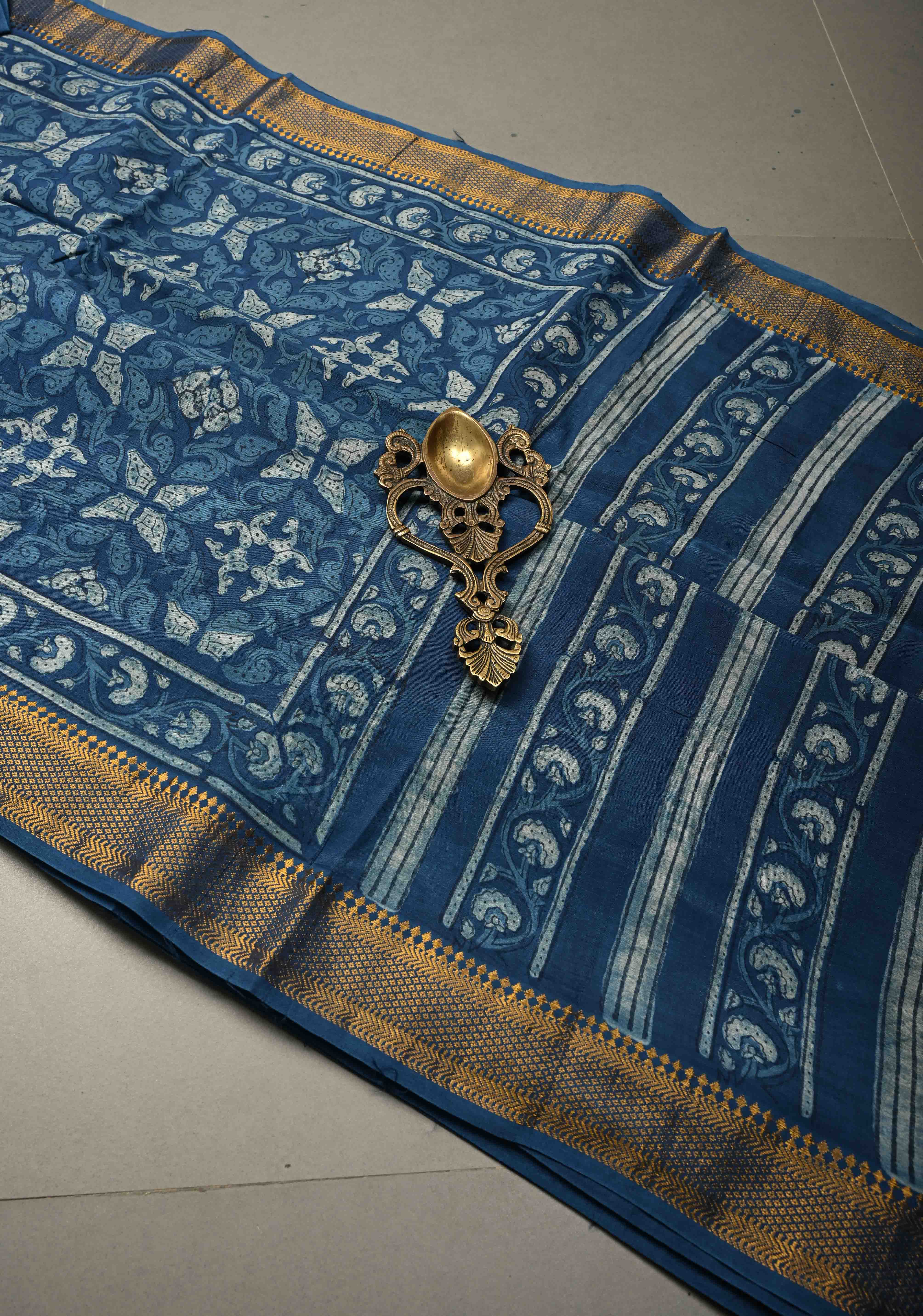 Indigo Mangalagiri  Cotton Saree with Geometric Bagru Hand Block Print and Nizam Zari Border | Shobitam - Image 3