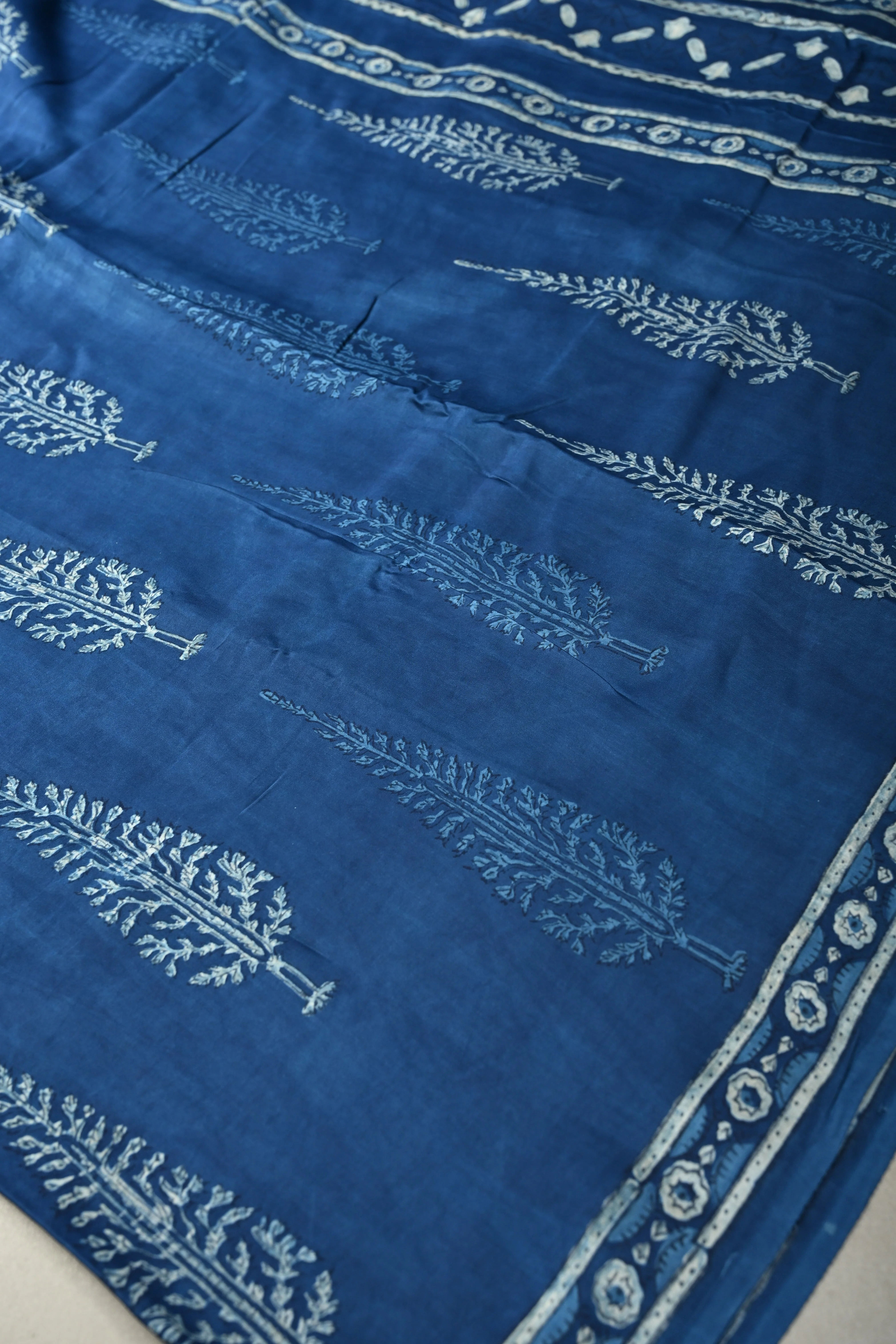 Indigo Modal Silk Saree with Bagru Hand Block Print and Border | Shobitam - Image 4