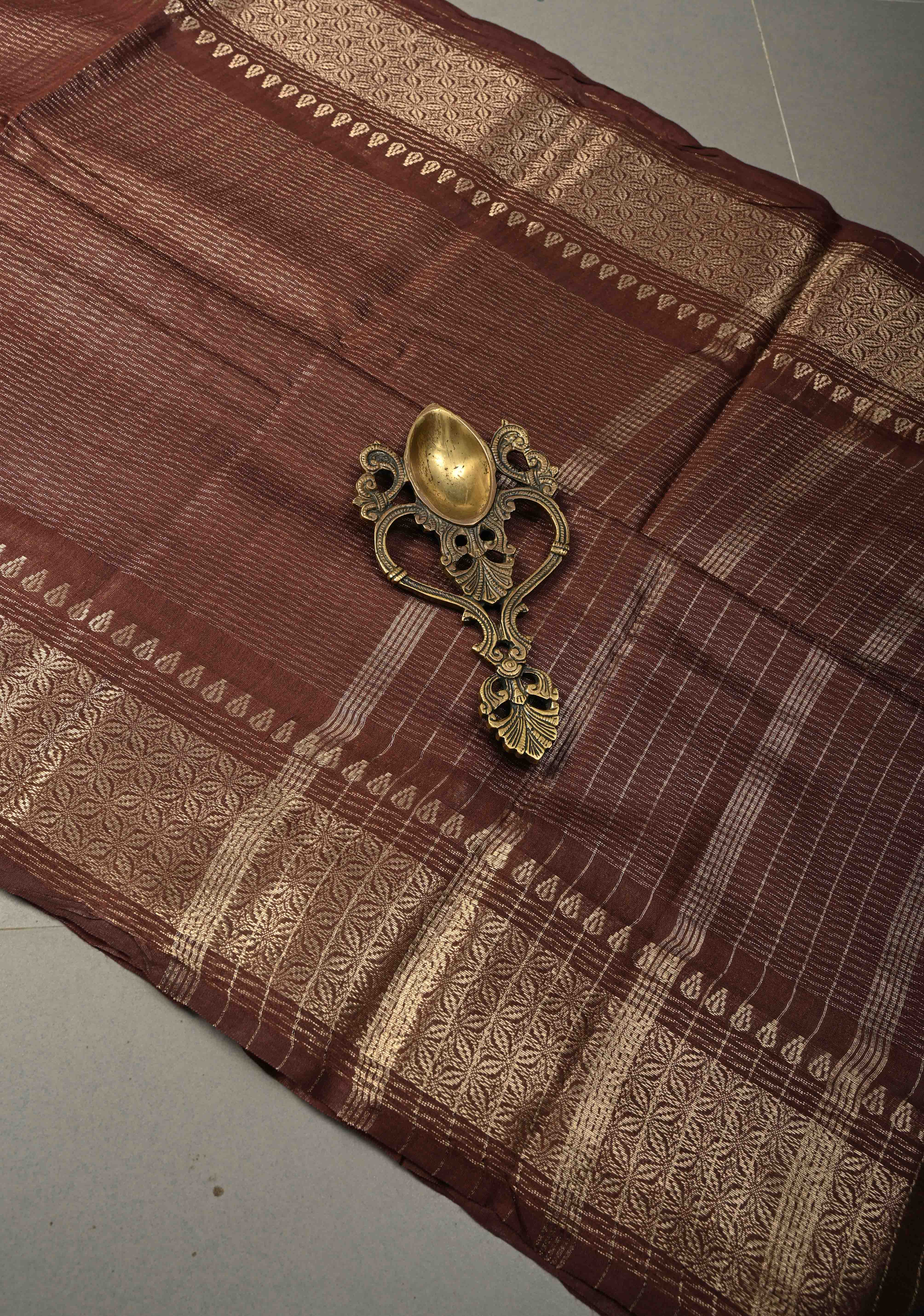 Coffee Brown Semi Tussar Tissue Saree with Zari Border | Shobitam - Image 2