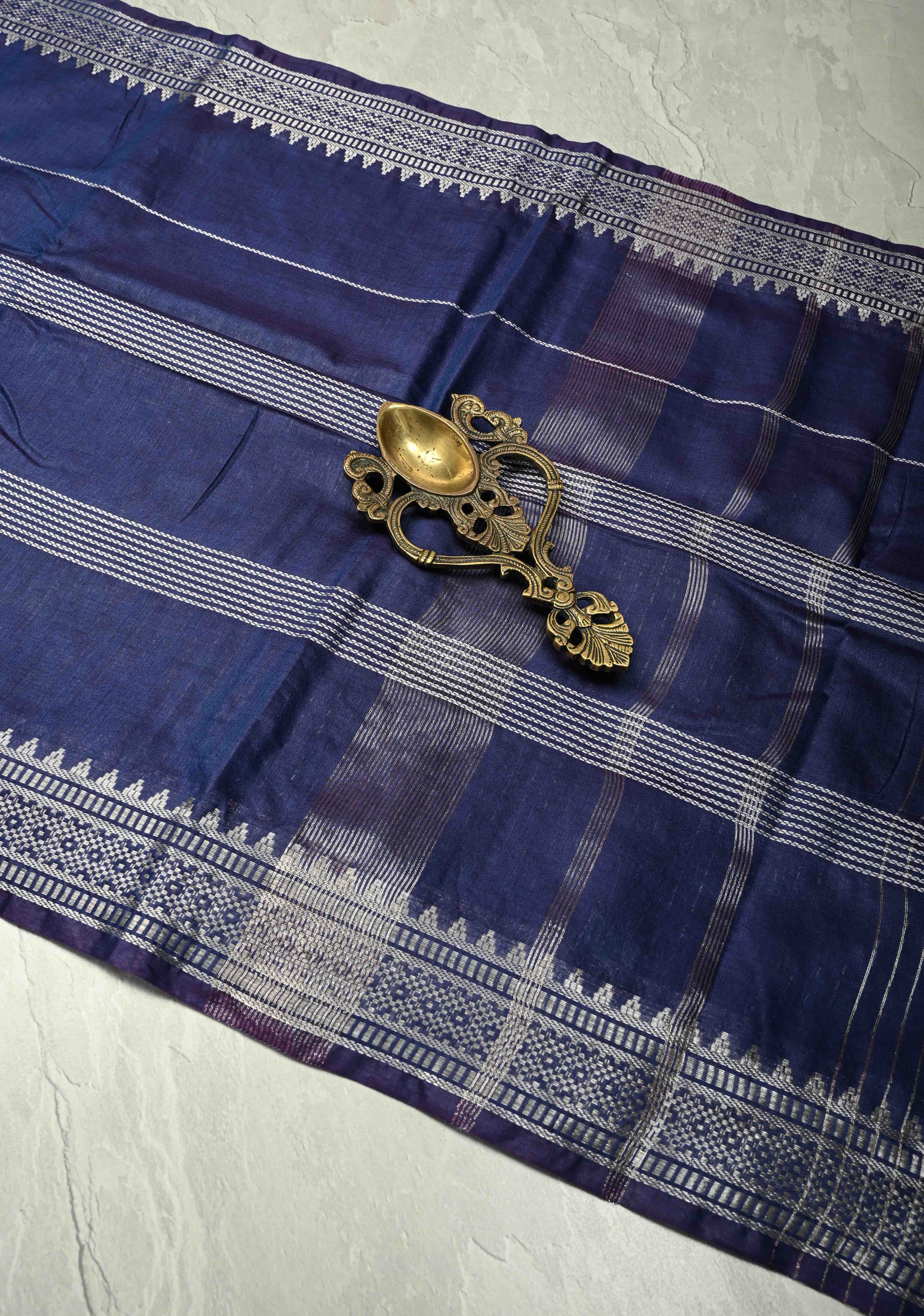 Ink Purple Semi Tussar Saree with Thread Stripes and Zari Border | Shobitam - Image 2
