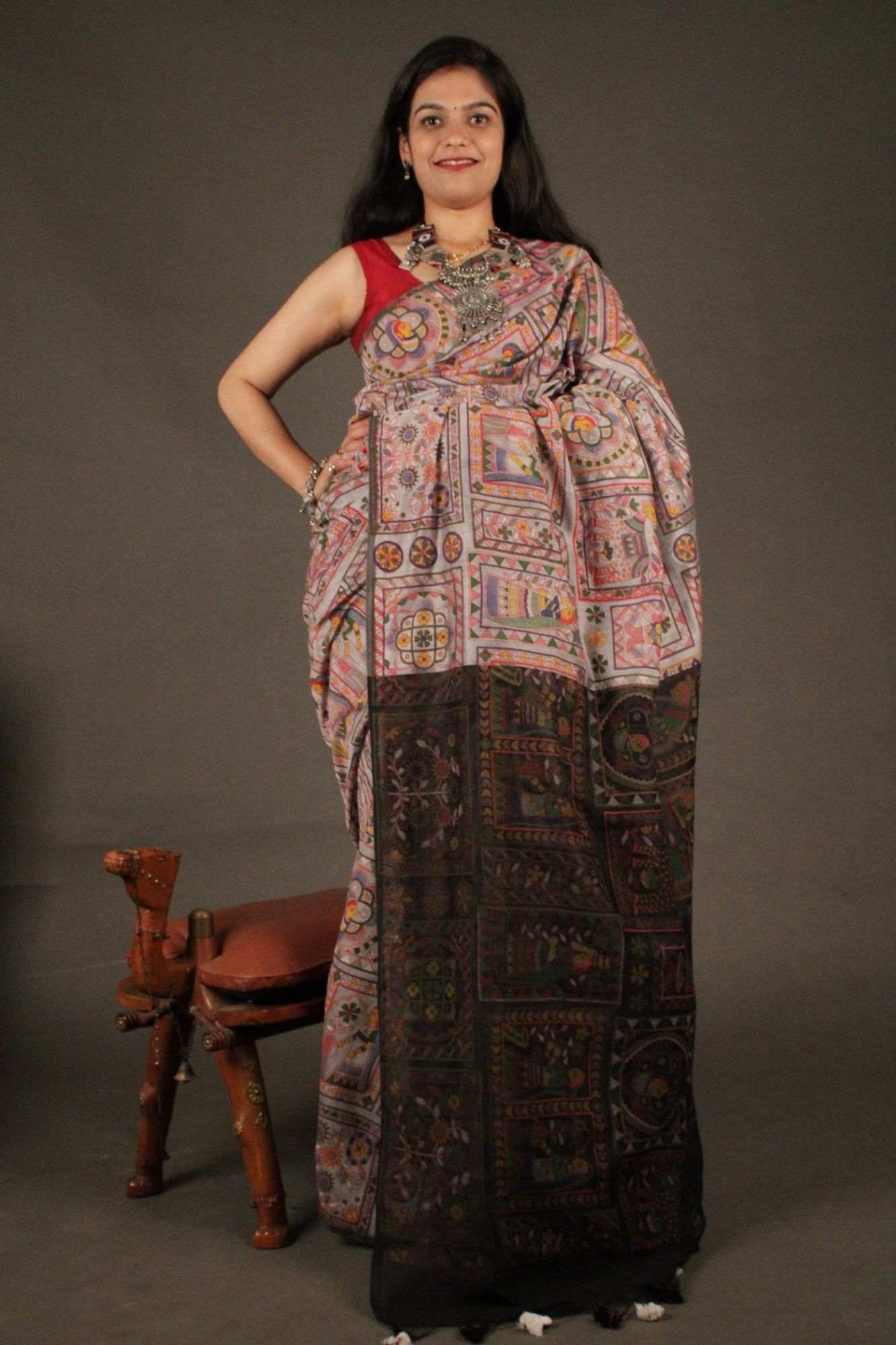 Intricately printed madhubani Printed Wrap in 1 minute saree - Image 2