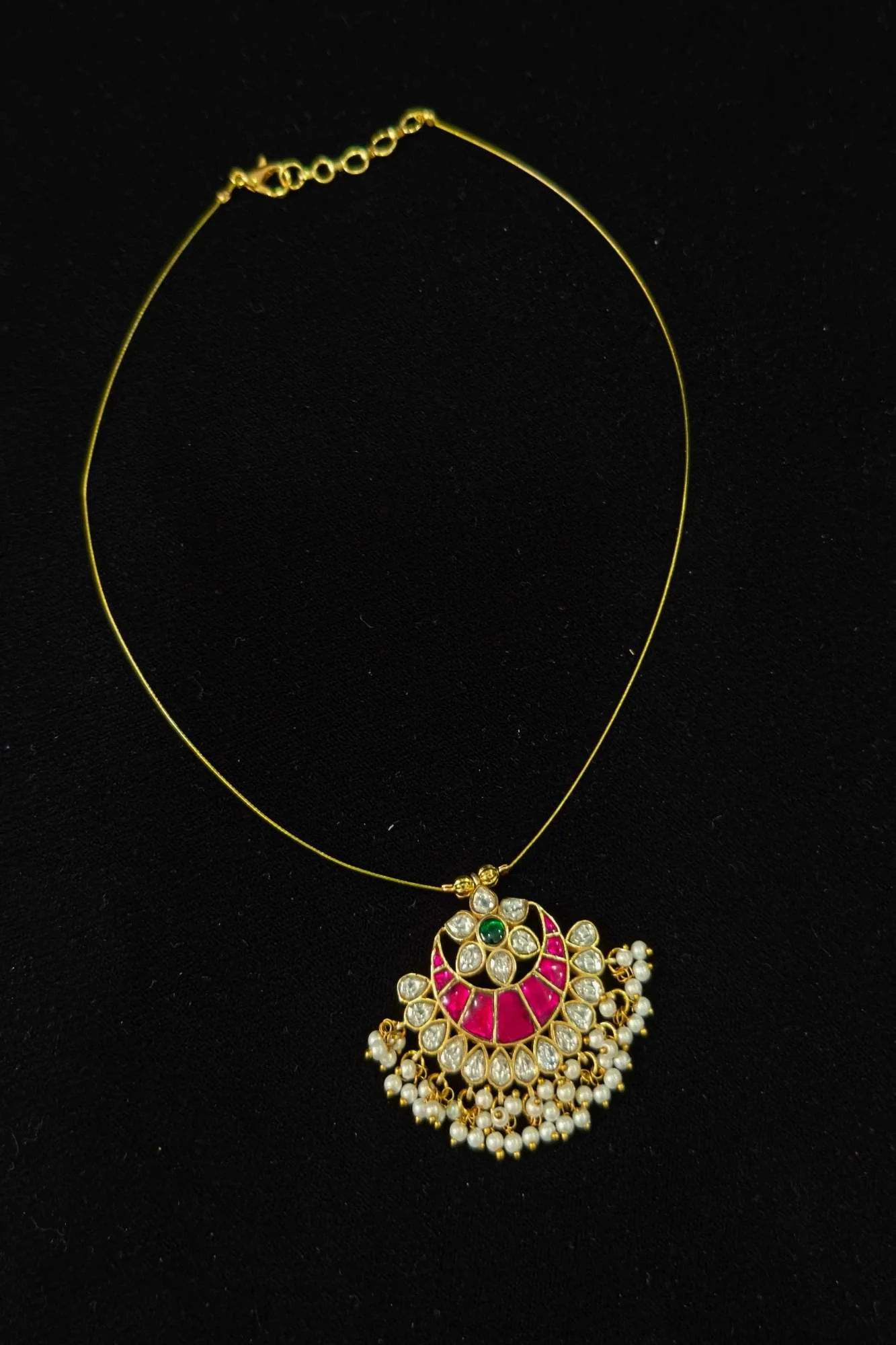 Invisible wire design Padakkam Pendant with Jadau Pink,Green and white stone Dangling Pearls - Image 7