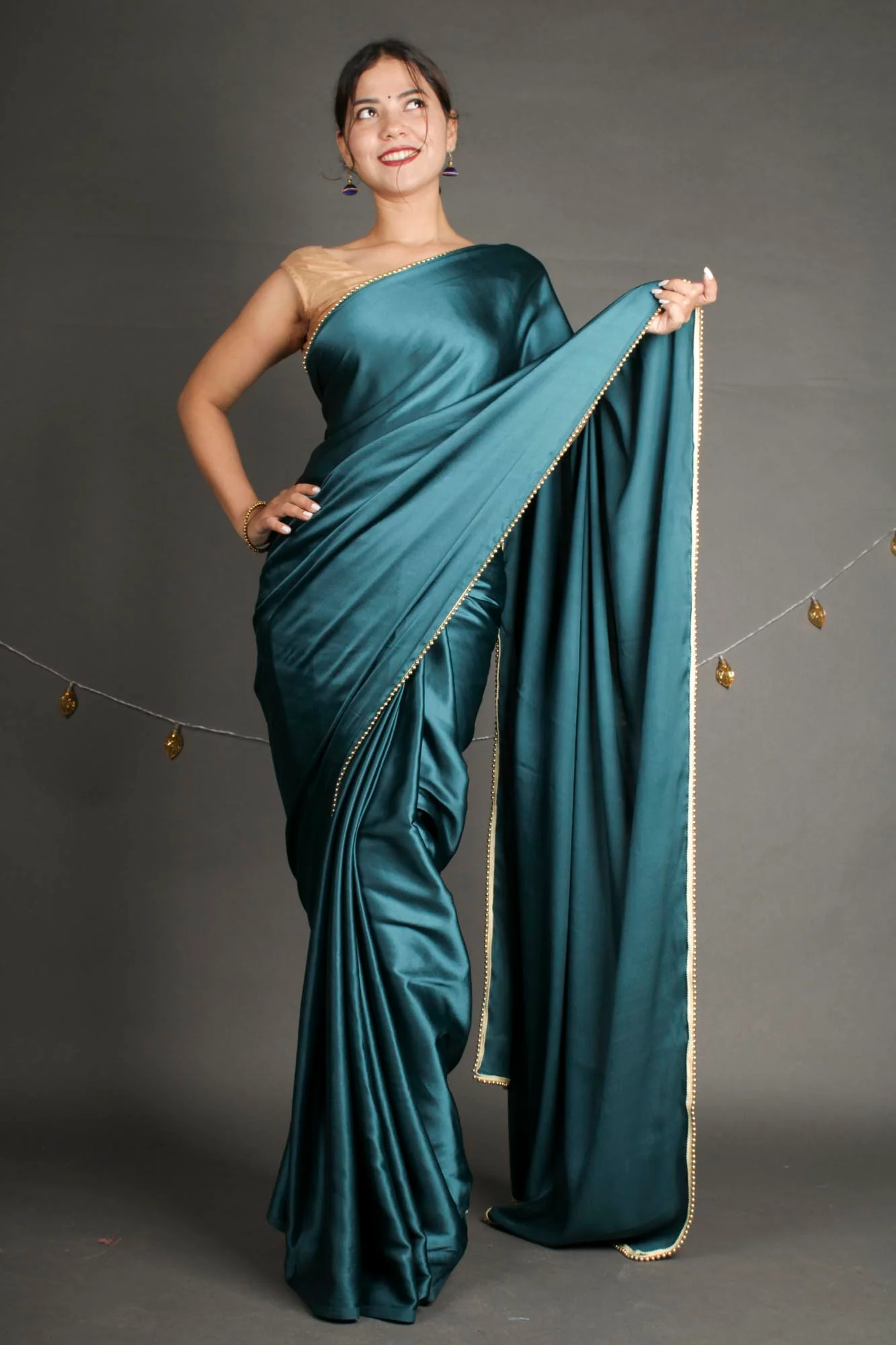 Turquoise Blue Satin Wrap in 1 Minute Saree - Image 2