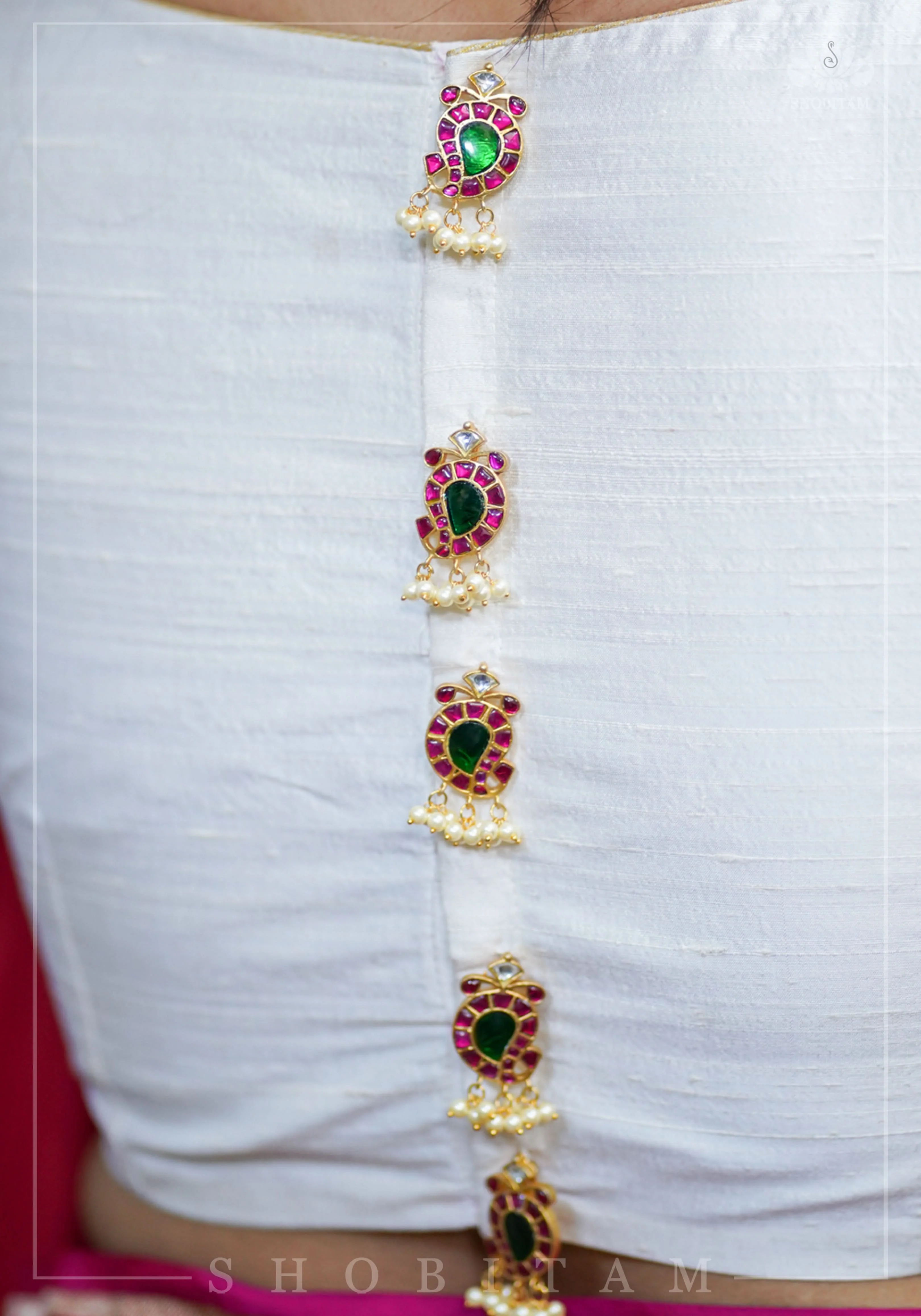 Ivory Pure Raw Silk Blouse with Kemp work detailing on boat neck and Jadau back buttons | Shobitam - Image 2