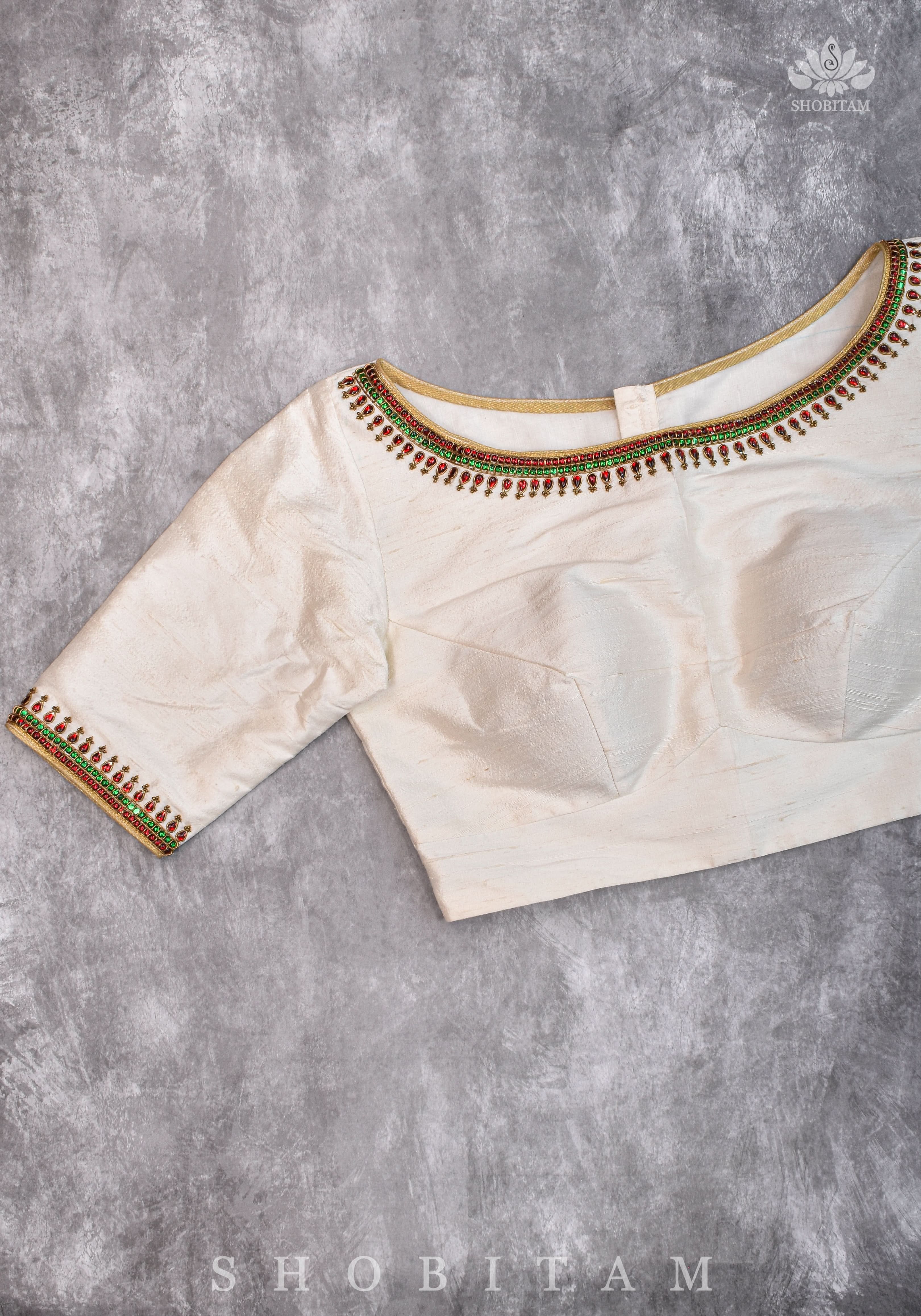 Ivory Pure Raw Silk Blouse with Kemp work detailing on boat neck and Jadau back buttons | Shobitam - Image 29