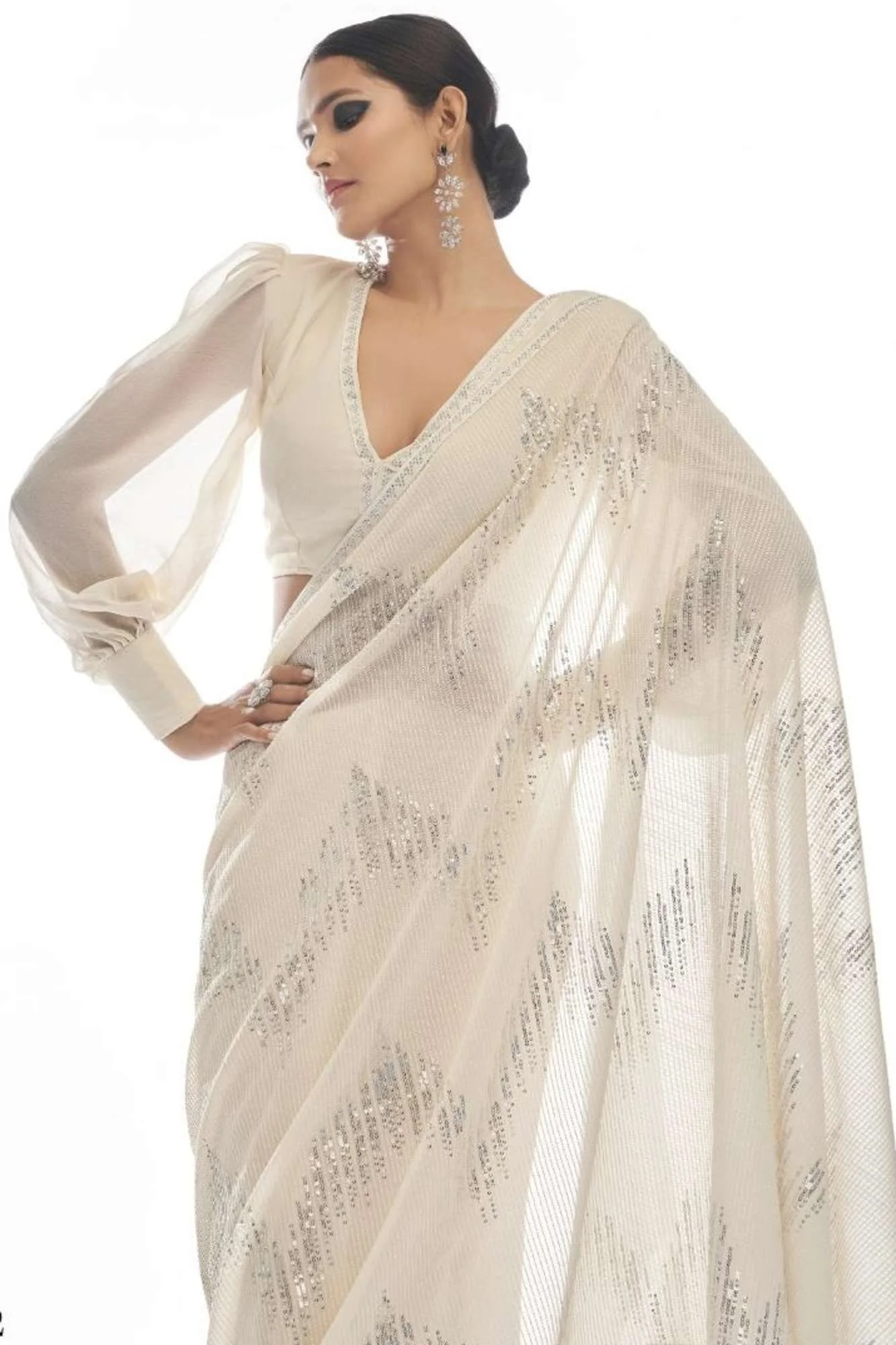 Ivory Sequin Dream in Georgette Ready To Wear Saree - Image 11