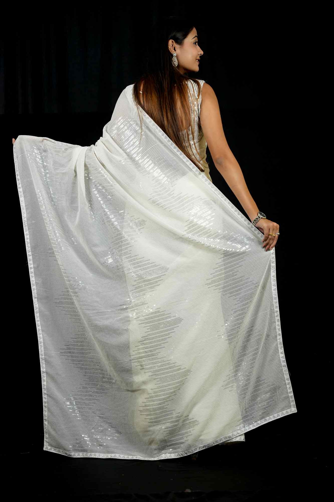 Ivory Sequin Dream in Georgette Ready To Wear Saree - Image 6