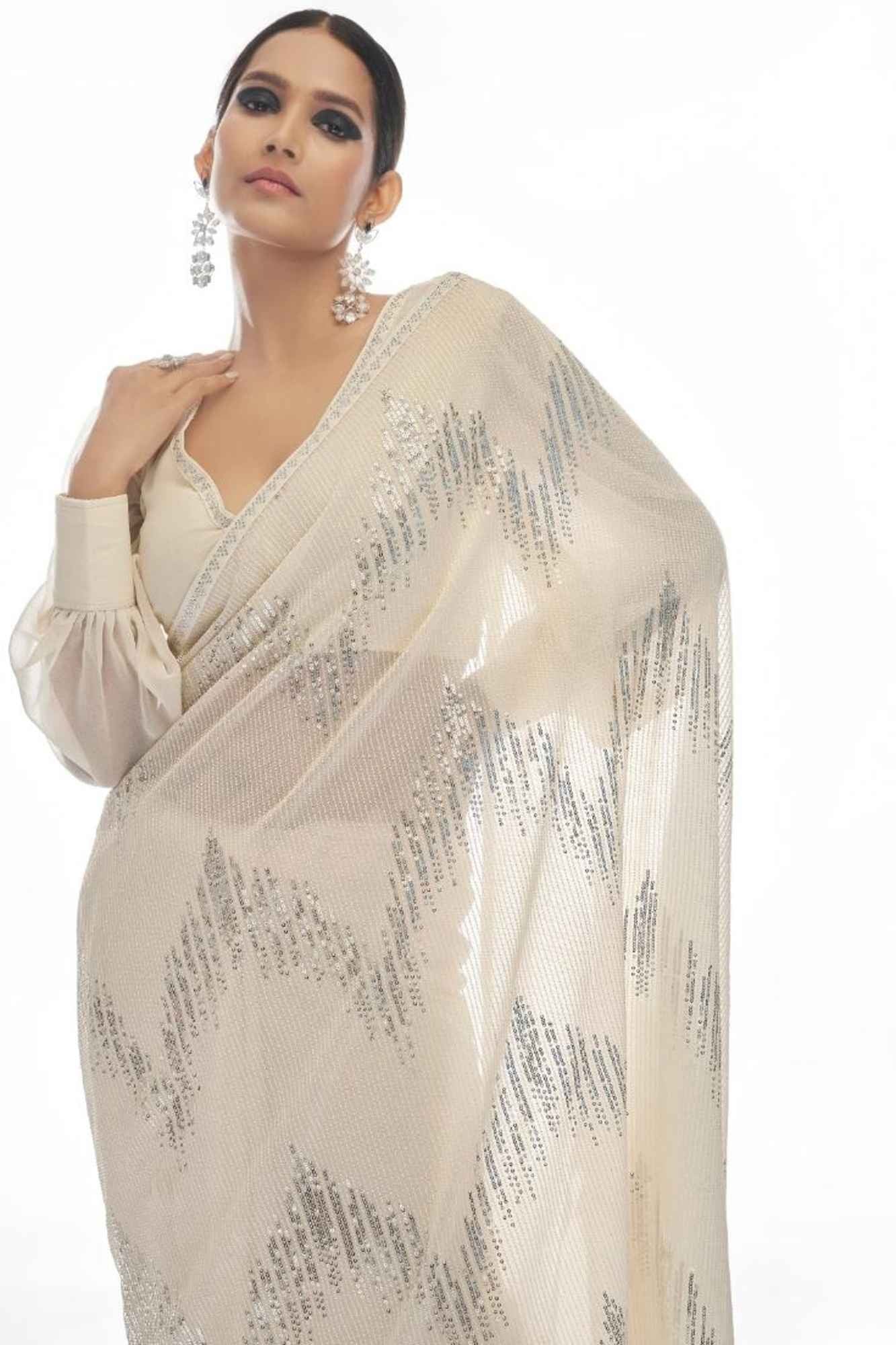 Ivory Sequin Dream in Georgette Ready To Wear Saree - Image 9