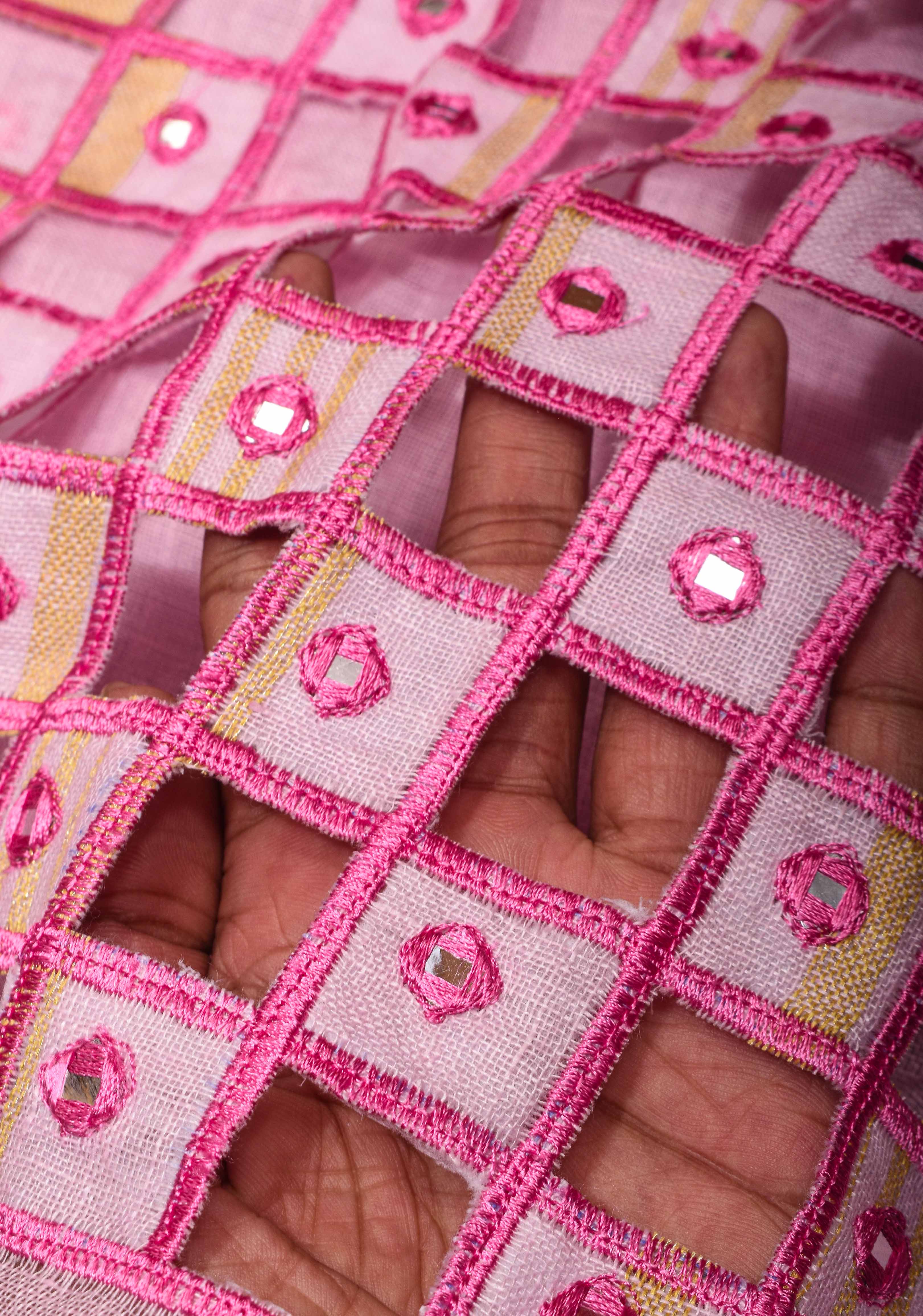 Jaali Pallu - Linen by Linen Cutwork and Mirrorwork Saree in Baby Pink and Zari Border | Shobitam - Image 5