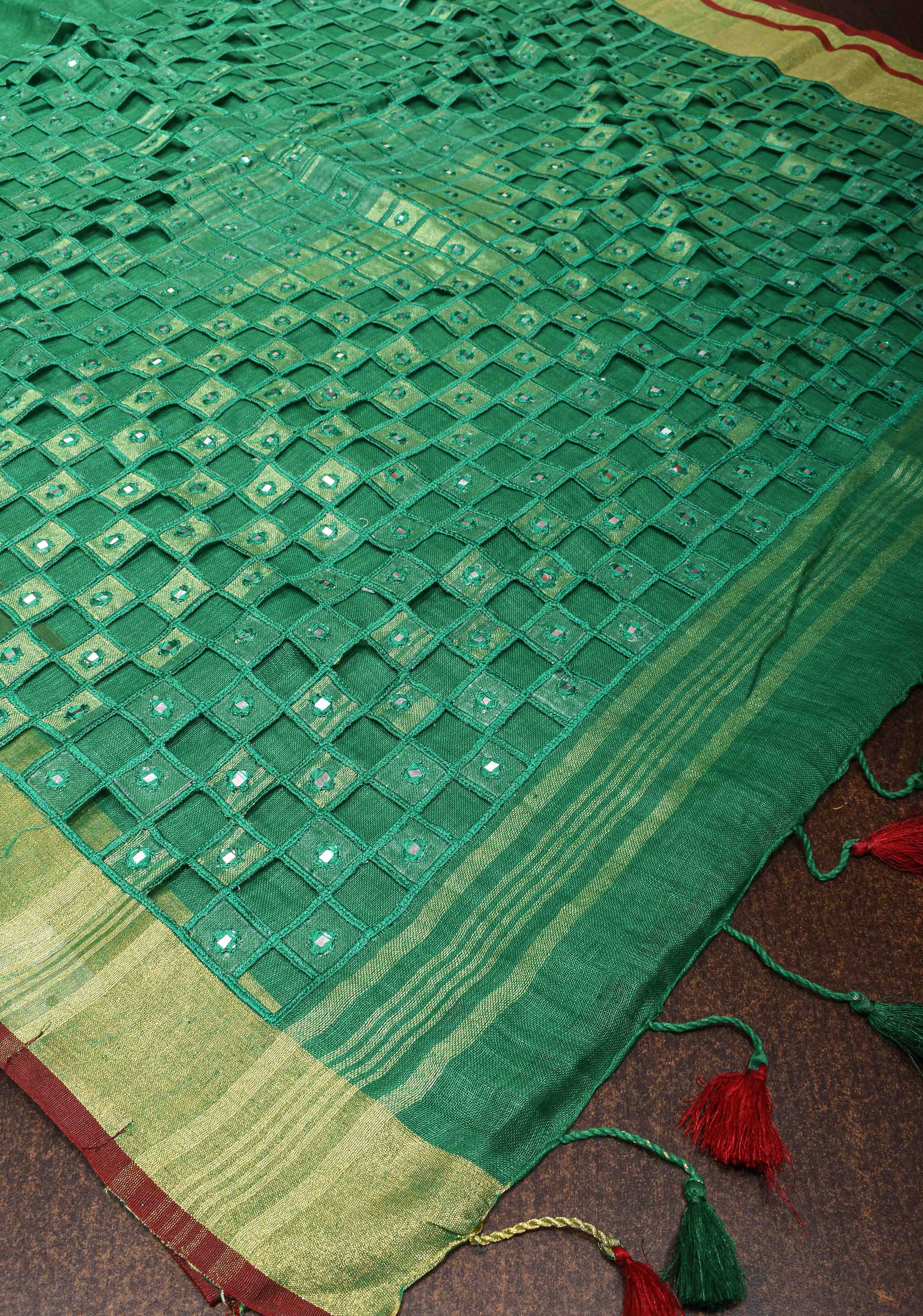 Jaali Pallu - Linen by Linen Cutwork and Mirrorwork Saree in Sea Green | Shobitam - Image 9