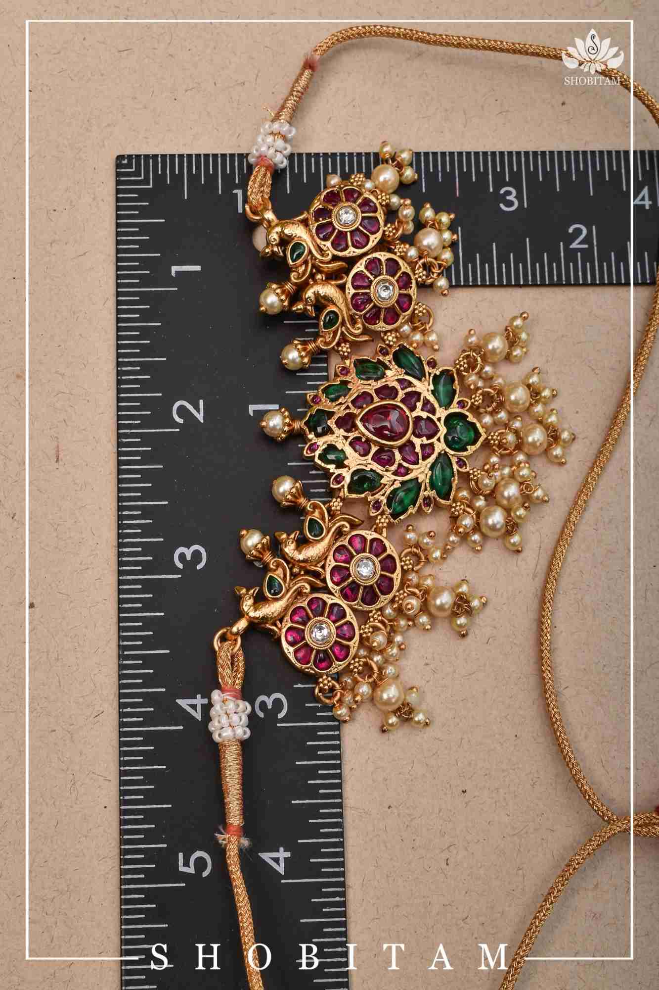 Jadau Lotus Stone Embellishment with Peacock units Choker Set In Green,Pink and white With Matching Earrings - Image 2