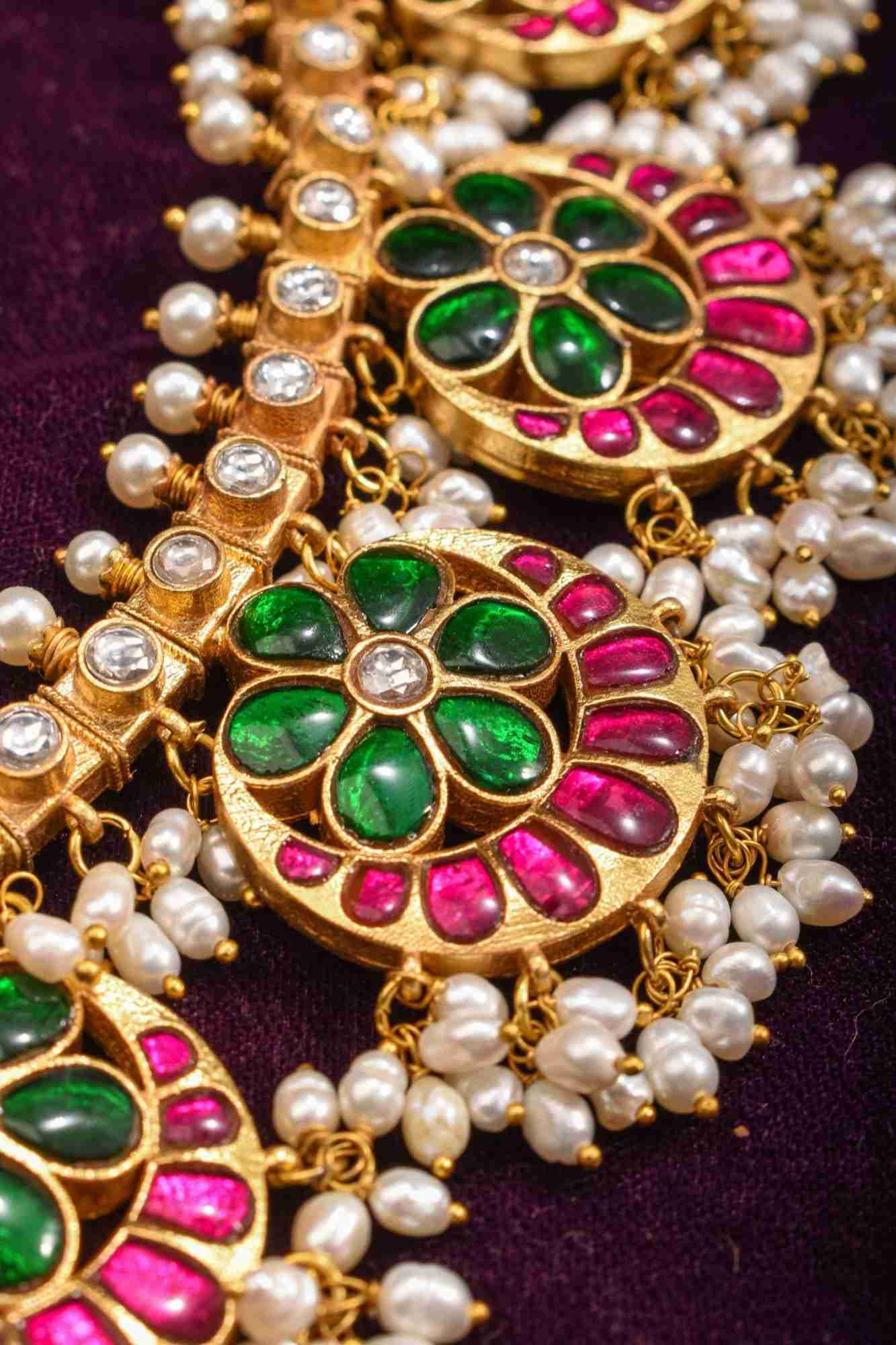Jadau Necklace Set in Moon and Floral designs - Image 3
