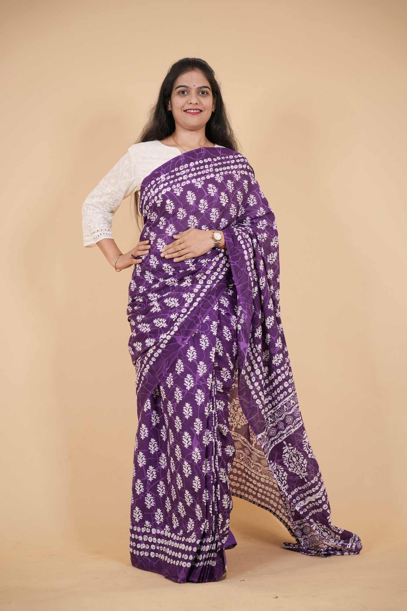 Jaipuri Block Printed Mulmul Cotton Ready to wear Saree - Image 3
