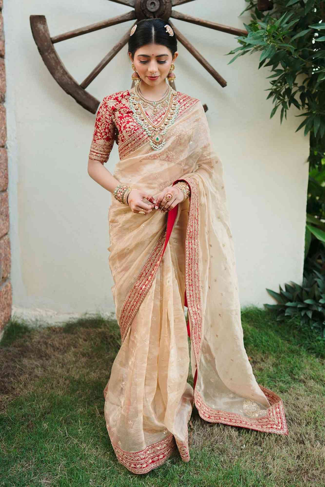 Jimi Chu Fabric with Embroidery Lace Border & Sequin Butti Work Ready To Wear Saree - Image 19